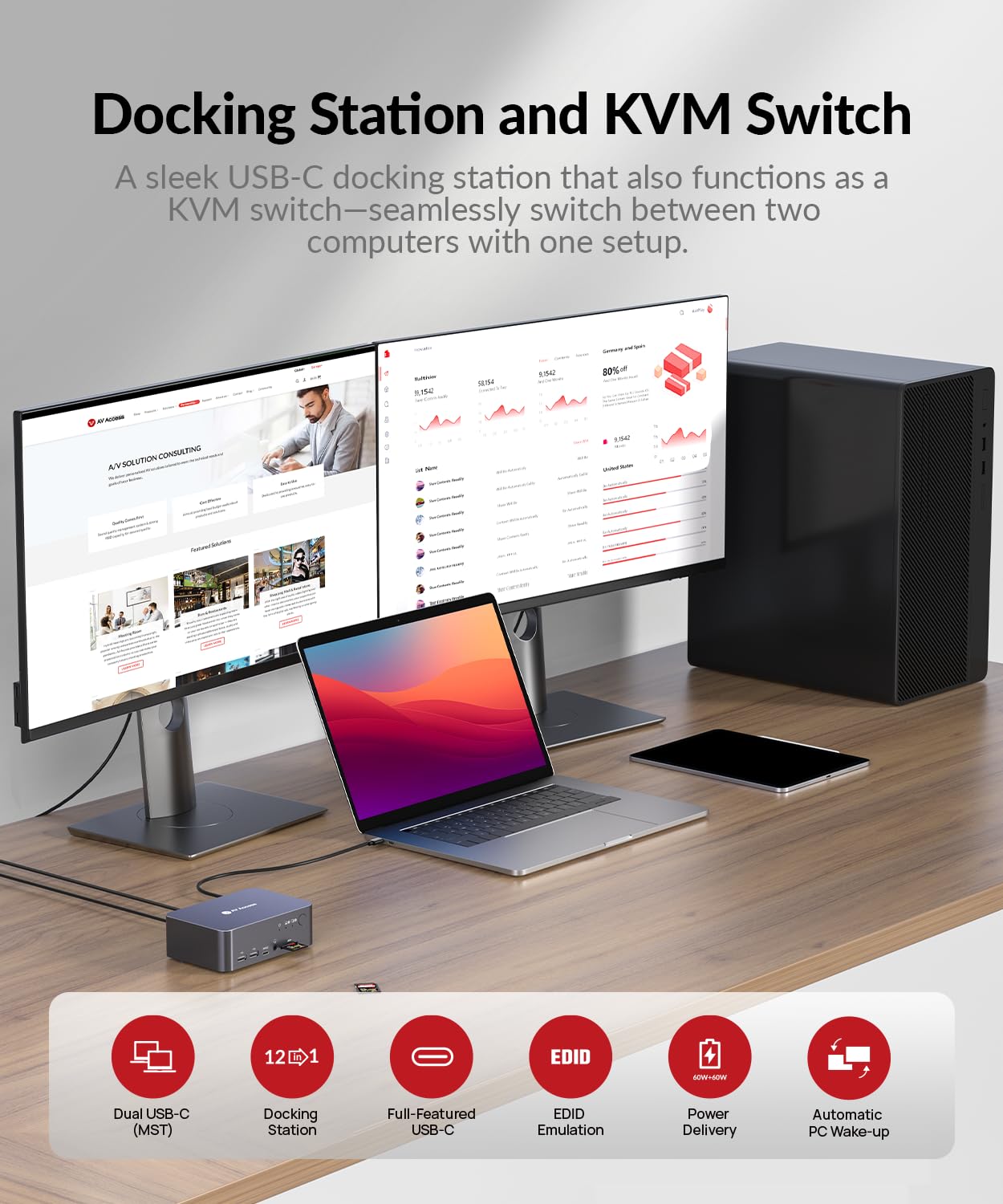 AV Access KVM Switch 2 Monitors 2 Computers with Ethernet, EDID, 4K@60Hz/2K@144Hz/1080P@240Hz, KVM Docking Station Dual Monitor for Laptop & Desktop, USB-C Charge, Aluminum, 3xUSB 3.0, Power Supply
