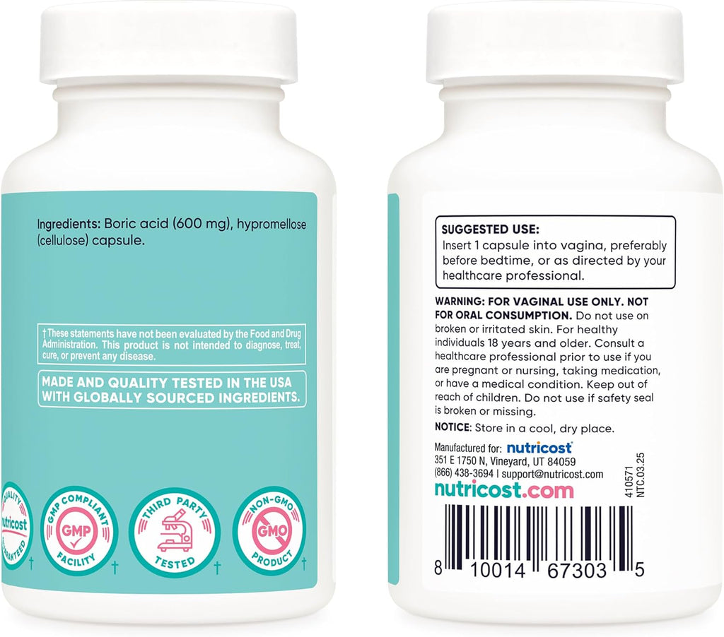 Nutricost Boric Acid 600mg, 30 Capsules - Vaginal Suppository - Non-GMO - for Women