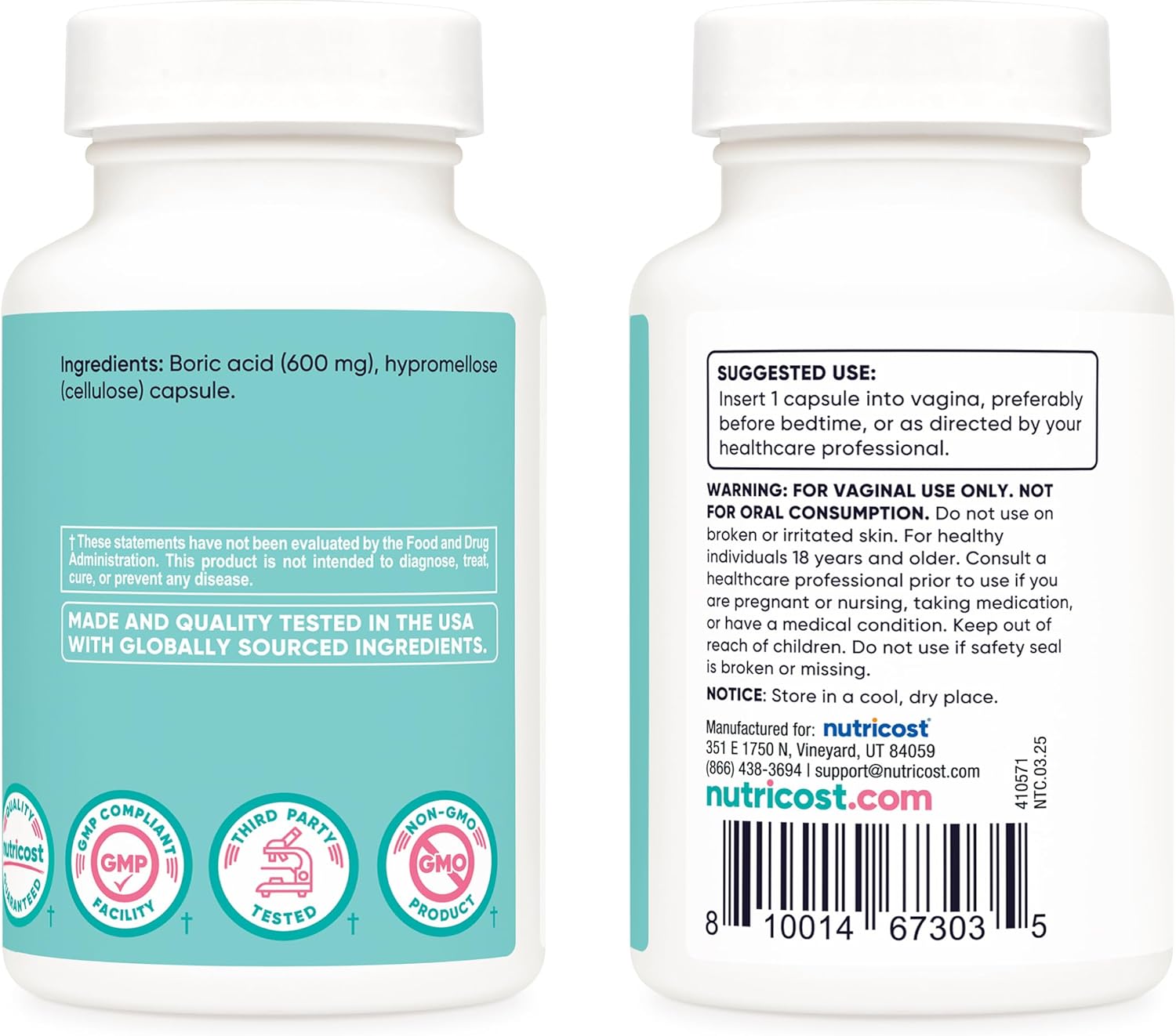 Nutricost Boric Acid 600mg, 30 Capsules - Vaginal Suppository - Non-GMO - for Women