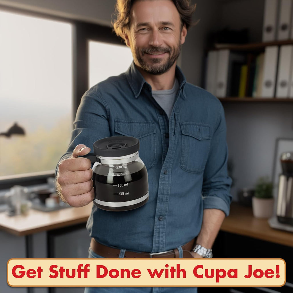 Cupa Joe Coffee Mug ¨C 20oz Borosilicate Glass Diner Pot Mug with Spill-Proof Lid ¨C Funny Novelty Gift for Coffee Lovers, Dads, Office, Travel & More