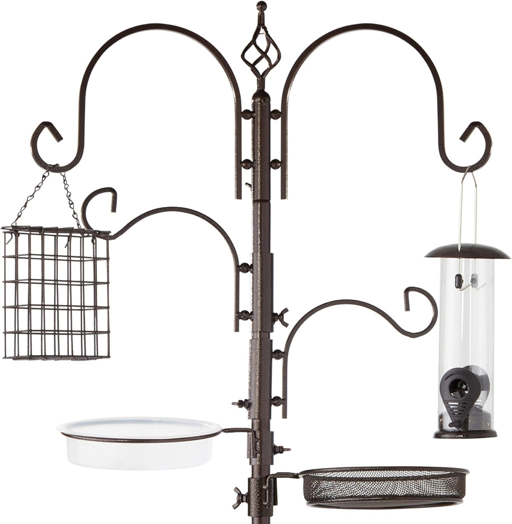 Best Choice Products 91in 4-Hook Feeding Station, Steel Multi-Feeder Kit Stand for Attracting Wild Birds w/ 2 Bird Feeders, Mesh Tray, Bird Bath, 4-Prong Base - Bronze