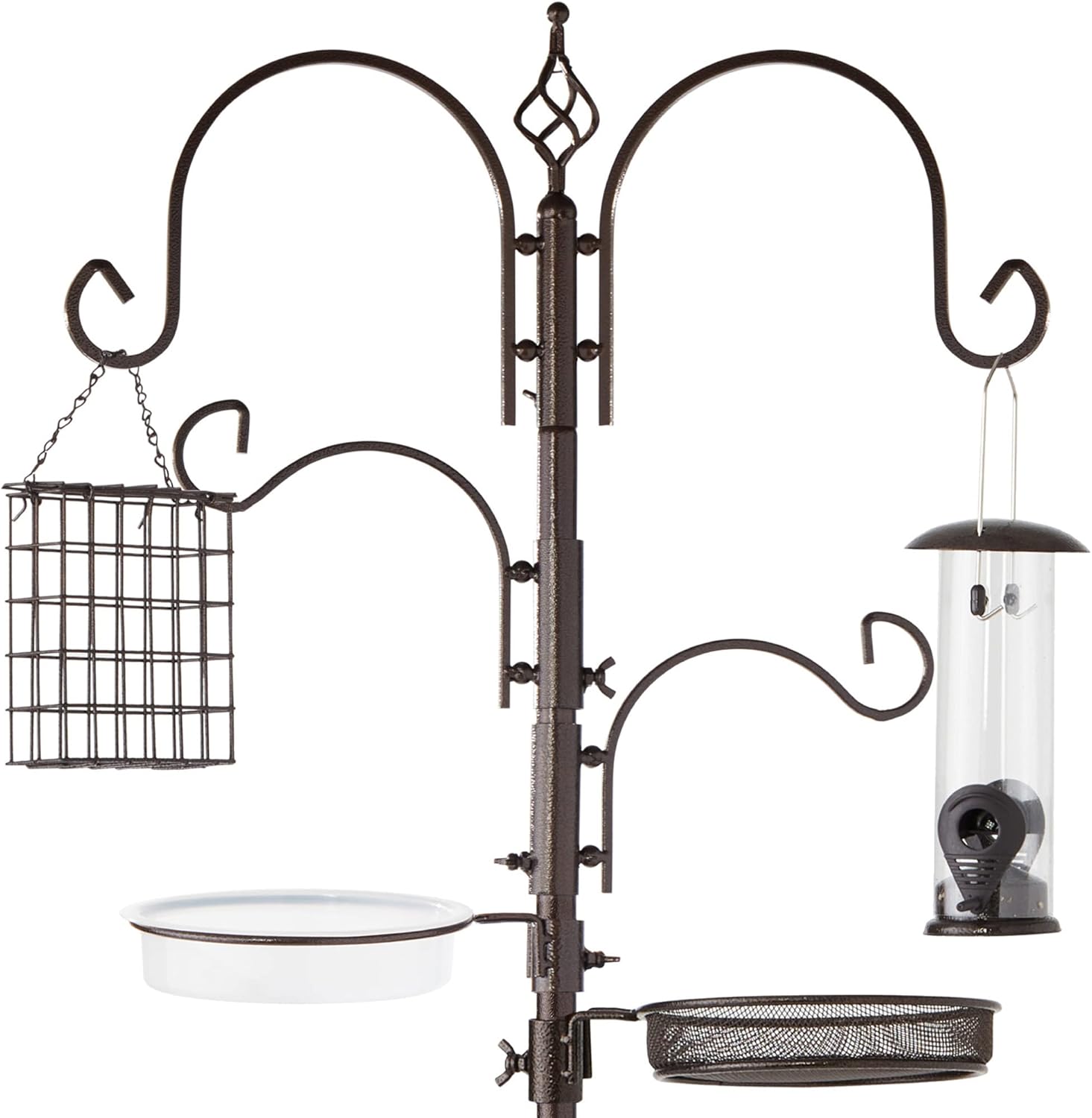 Best Choice Products 91in 4-Hook Feeding Station, Steel Multi-Feeder Kit Stand for Attracting Wild Birds w/ 2 Bird Feeders, Mesh Tray, Bird Bath, 4-Prong Base - Bronze