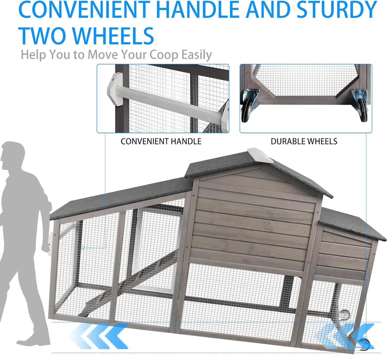 PetsCosset Chicken Coop Wooden Backyard Hen House - Indoor Outdoor for 2-3 Chickens, 2 Story Poultry Cage with Run, Chicken Nesting Box, Pull Out Trays and Anti-Slip Asphalt Ramp