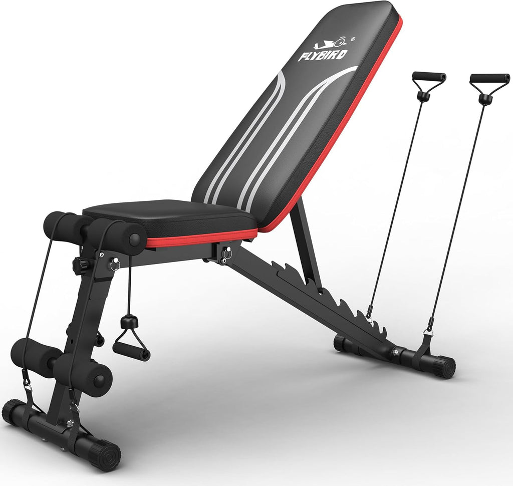 FLYBIR Foldabl Weigh Benc wit Resistanc Bands Backrest Fas Adjustabl FI fo Hom Gy Ful Bod Workout Eas t Storag fo Smal Apartment