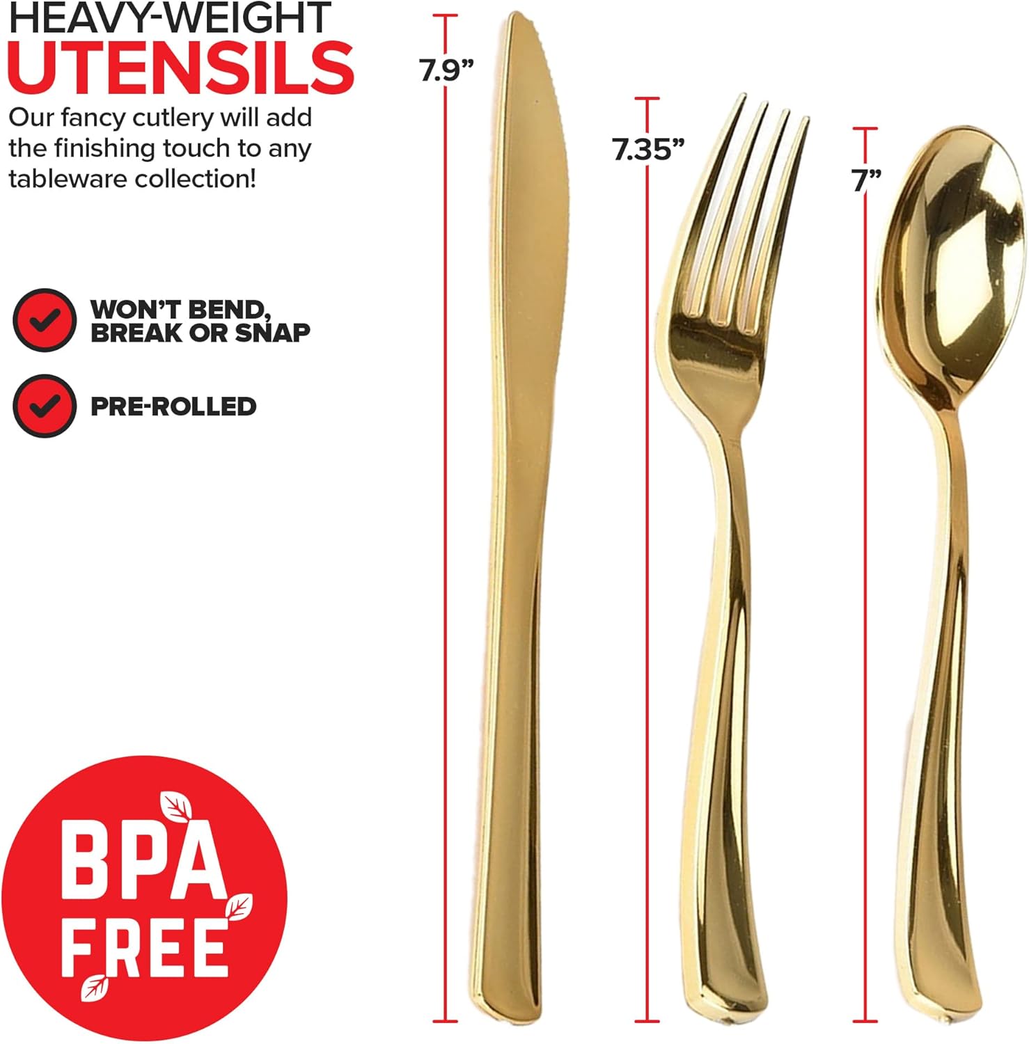 Pre Rolled Plastic Silverware Sets for Parties (25 Pack) Gold Cutlery Set, Disposable Spoons, Forks, Knives, Napkins Prewrapped, Heavy Duty Utensils Individually Wrapped for Wedding, Thanksgiving