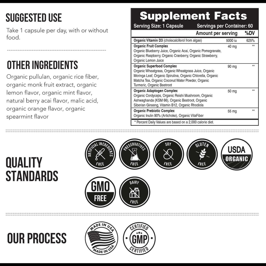 Organic Vitamin D3 5,000 IU - 100% Whole Food & Plant-Based Cholecalciferol Form, 100% Vegan Vitamin D - Enhanced with Prebiotic & Superfood Complex ¨C Organic, Vegan, GMO & Gluten Free (60 Capsules)