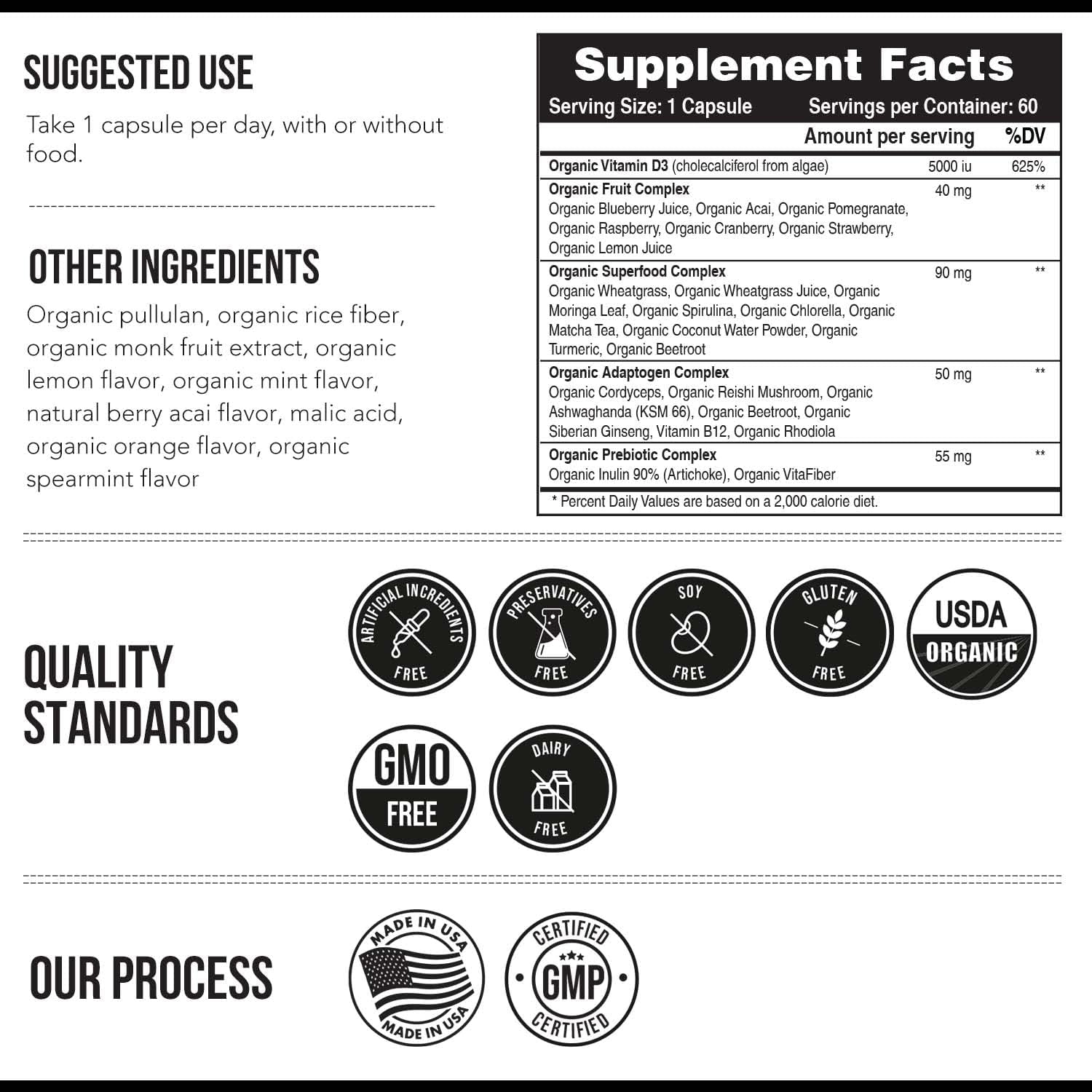 Organic Vitamin D3 5,000 IU - 100% Whole Food & Plant-Based Cholecalciferol Form, 100% Vegan Vitamin D - Enhanced with Prebiotic & Superfood Complex ¨C Organic, Vegan, GMO & Gluten Free (60 Capsules)