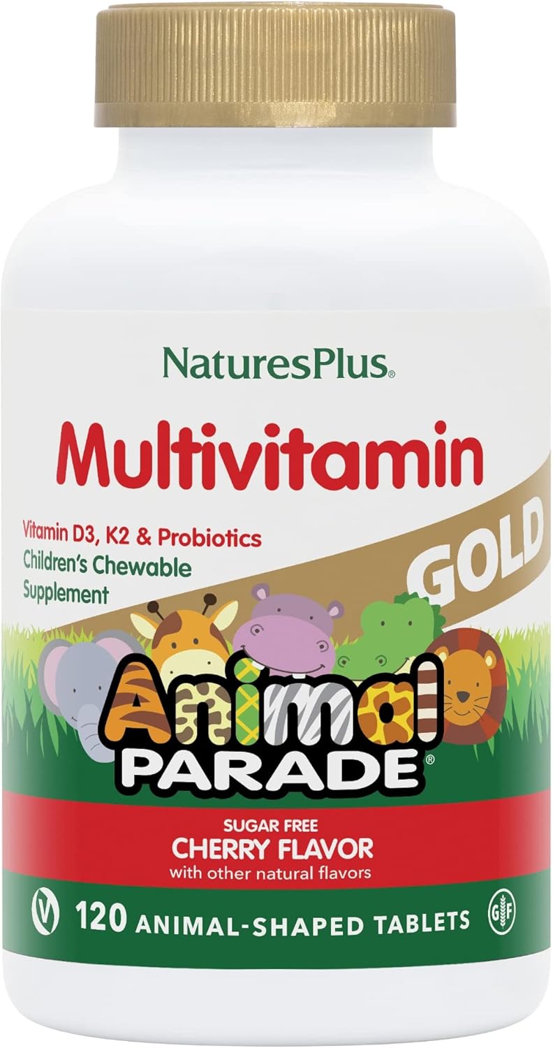 Nature Plu Anima Parad Gol Children' Chewabl Multivitami Natura Cherr Flavo 6 Anima Shaped-Tablet wit Vitami D3 K Probiotic Vegetaria Glute Fre 12 Servings