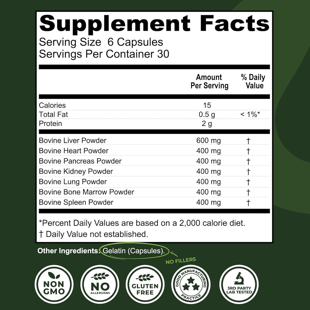 Beef Organ Supplement Grass Fed - 7 Beef Organs Complex from New Zealand - Liver Heart Pancreas Kidney Lung Spleen Bone Marrow - Non-GMO, No Fillers, Hormone & Antibiotic Free - Carnivore Diet - 180ct