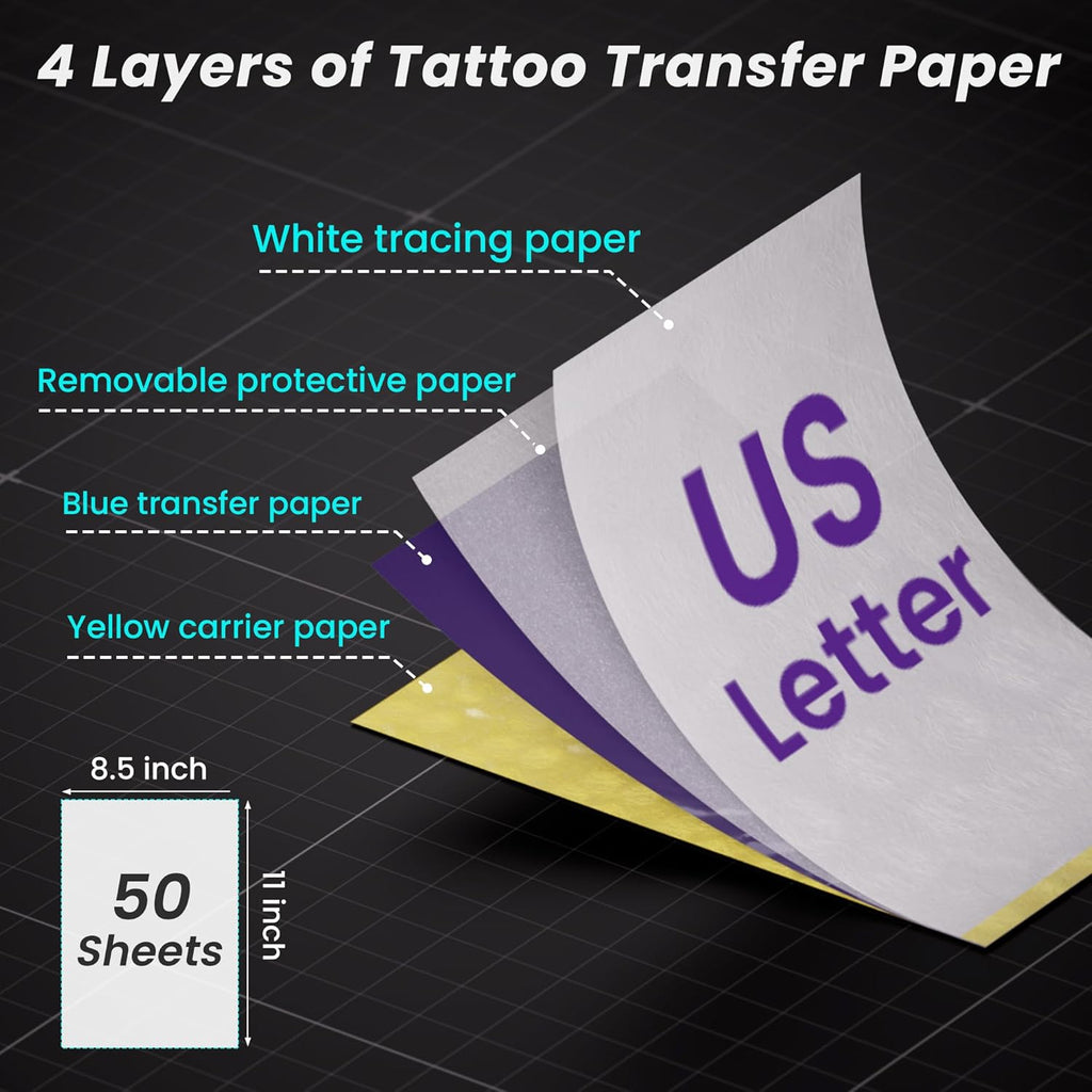 TATTMUS Tatto Transfe Paper 50pc A Siz 8.26inc 11.69inch Therma Stenci Paper Layer Tracin Paper Compatibl wit M08F/A886/A887/P90/ITP0 Printe Tatto Ki Supplies
