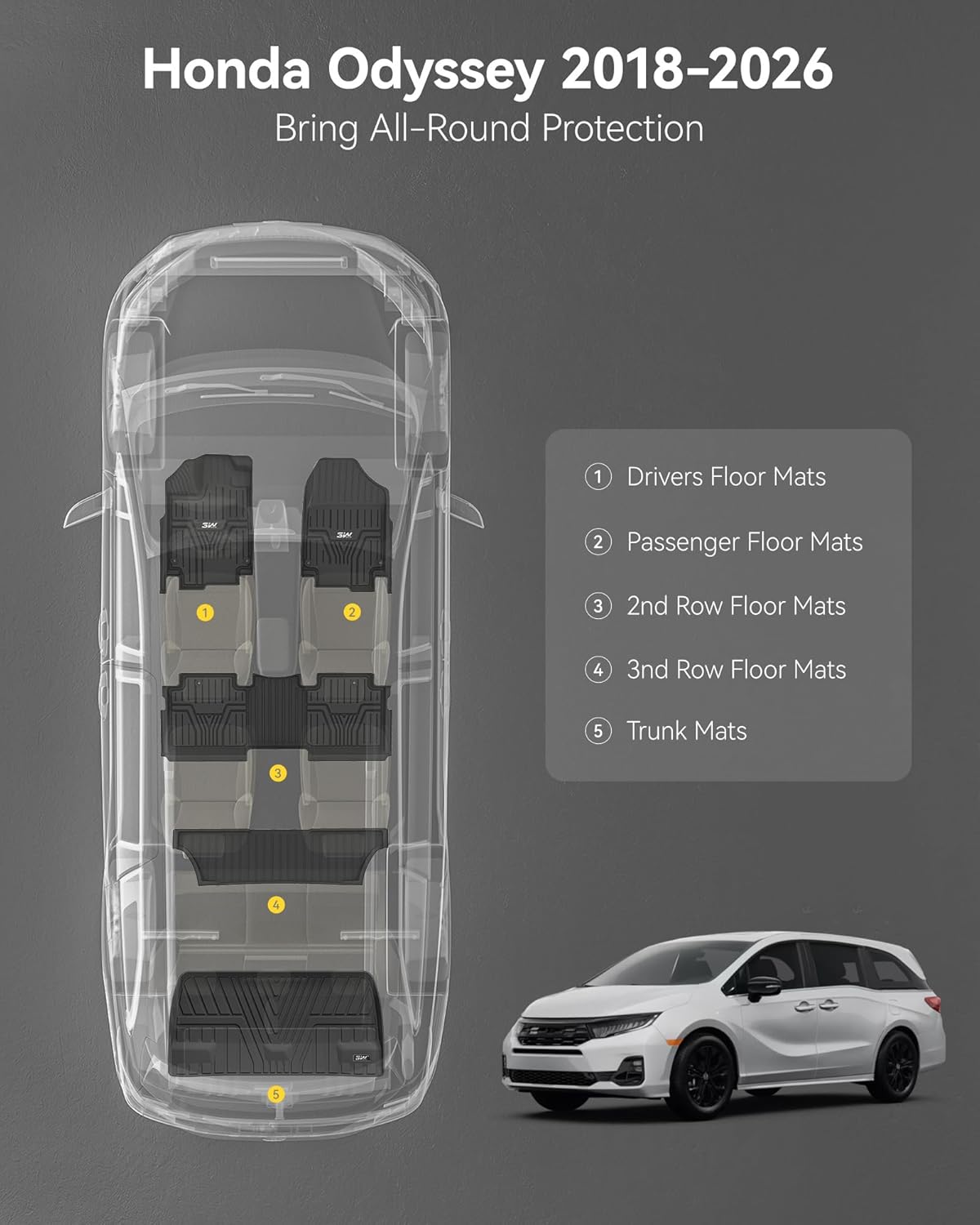 3W Floor Mats & Cargo Liner Fit for Honda Odyssey 2026 2025-2018 Mini Passenger Van, All Weather TPE Floor Liners 1st 2nd & 3rd Rows Car Mats and Trunk Liner Odyssey Car Accessories, Black