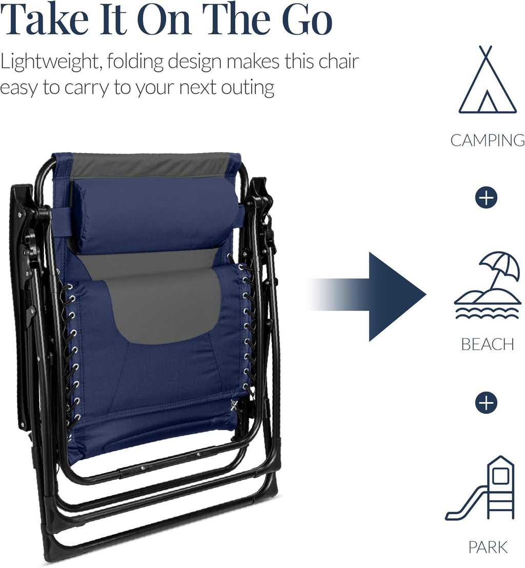 Best Choice Products Oversized Padded Zero Gravity Chair, Folding Outdoor Patio Recliner, XL Anti Gravity Lounger for Backyard w/Headrest, Cup Holder, Side Tray, Polyester Mesh - Navy/Gray
