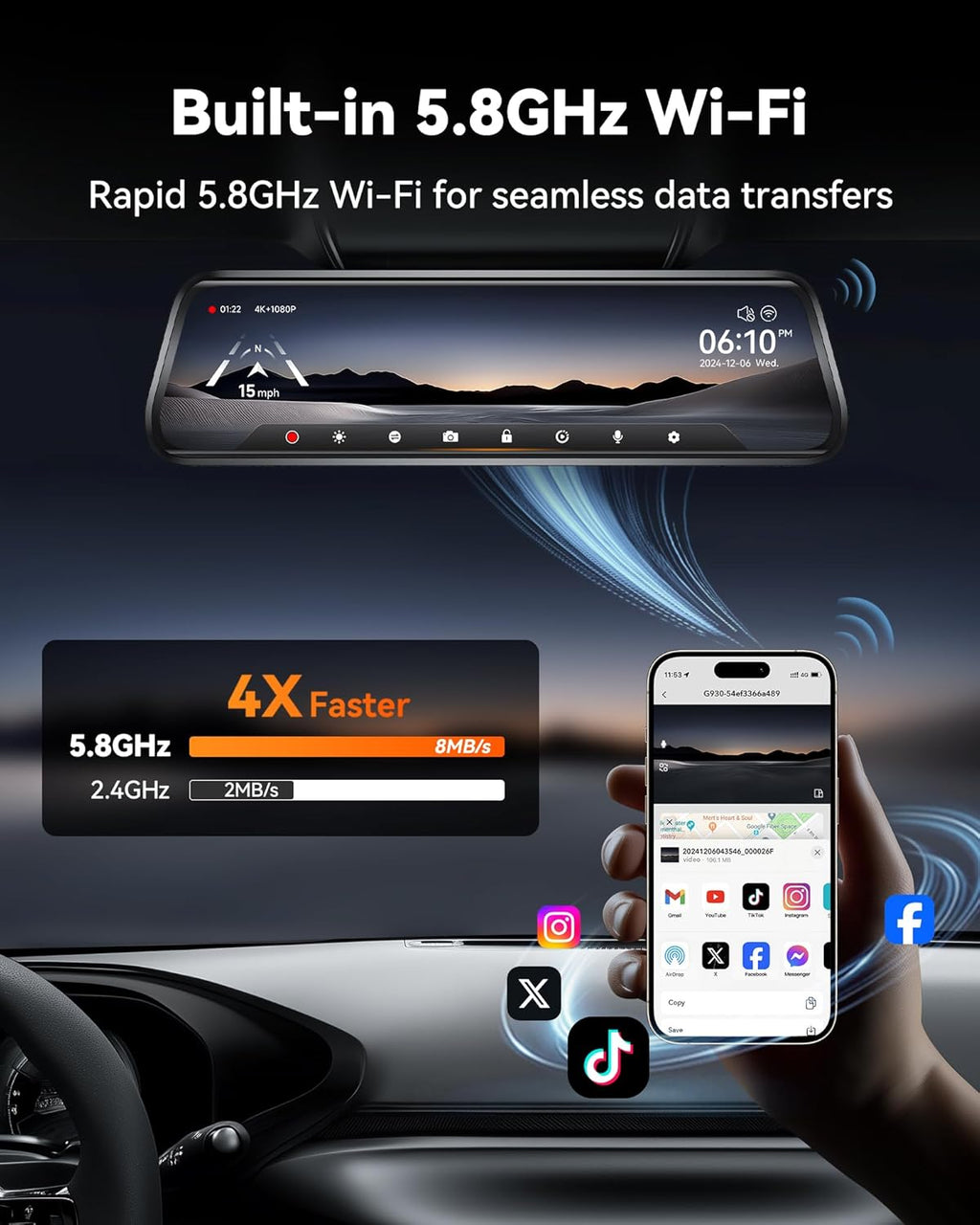 WOLFBO G93 10' Rea Vie Mirro Camer wit 5.8GH WiFi 4 Das Ca Fron an Rea wit WDR Touc Scree Rearvie Mirro Backu Camera Parkin Monitor Revers Assist Include 64G Car GPS