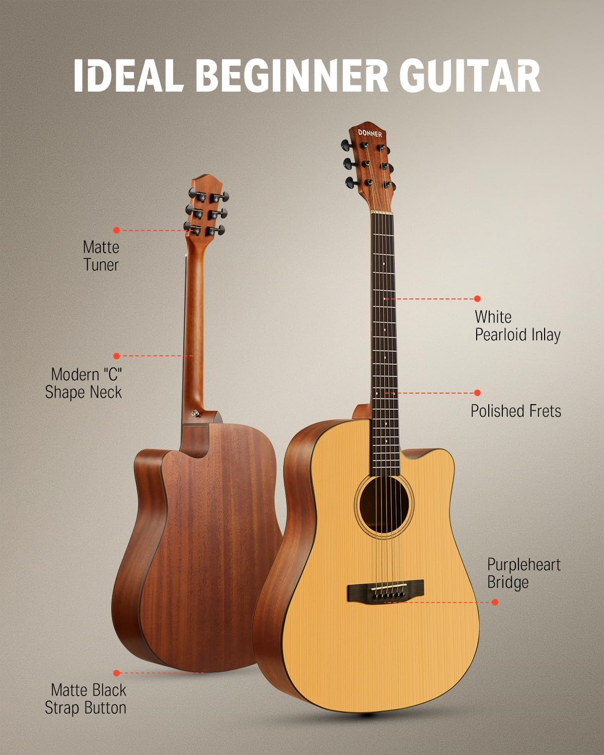 41¡± Acoustic Guitar Bundle for Beginners Adults with Online Lesson, 4/4 Full Size Steel Acustica Guitarra with Gig Bag, Tuner, Strap, Strings, Picks, Capos, Cutaway, Natural, DAG-1C/DAD-110C