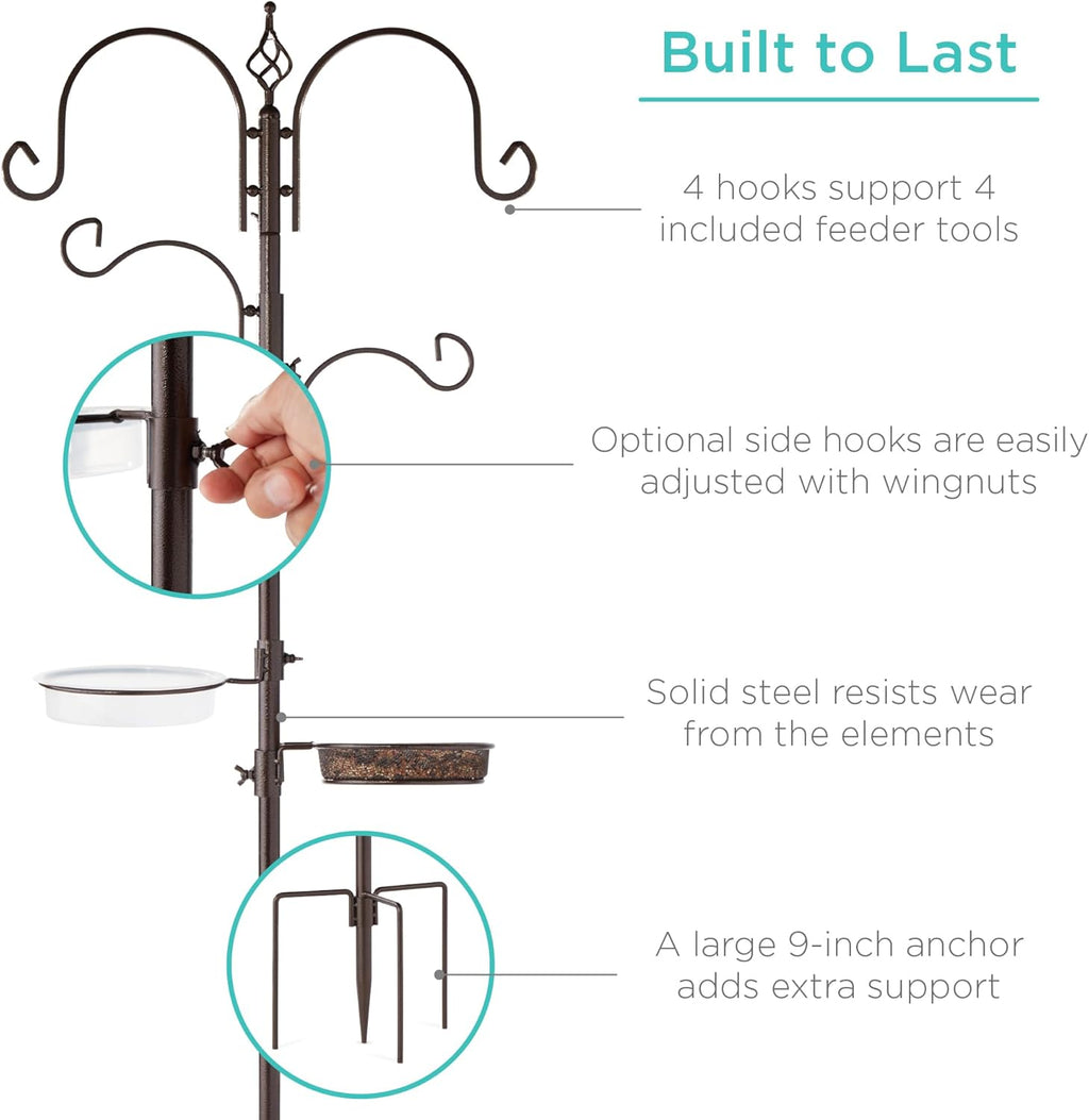 Best Choice Products 91in 4-Hook Feeding Station, Steel Multi-Feeder Kit Stand for Attracting Wild Birds w/ 2 Bird Feeders, Mesh Tray, Bird Bath, 4-Prong Base - Bronze