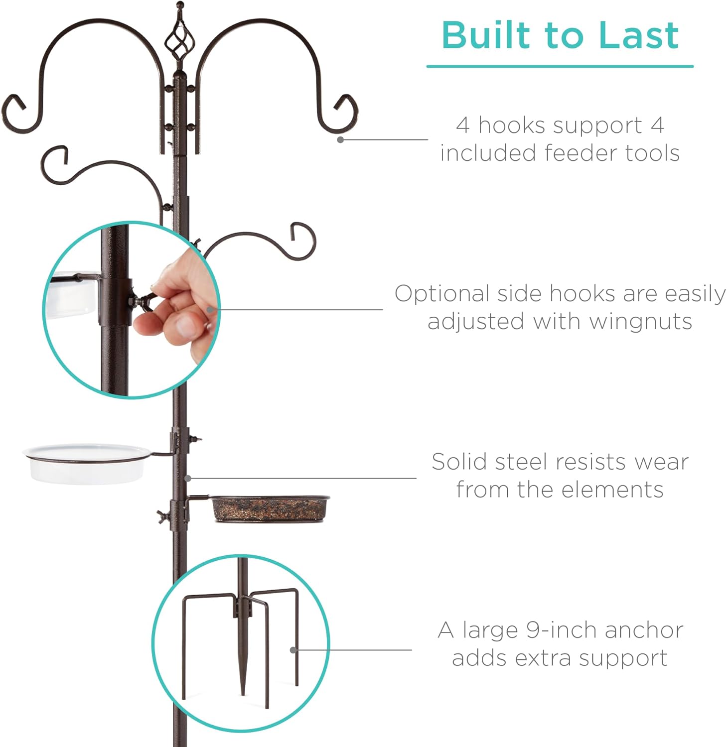 Best Choice Products 91in 4-Hook Feeding Station, Steel Multi-Feeder Kit Stand for Attracting Wild Birds w/ 2 Bird Feeders, Mesh Tray, Bird Bath, 4-Prong Base - Bronze