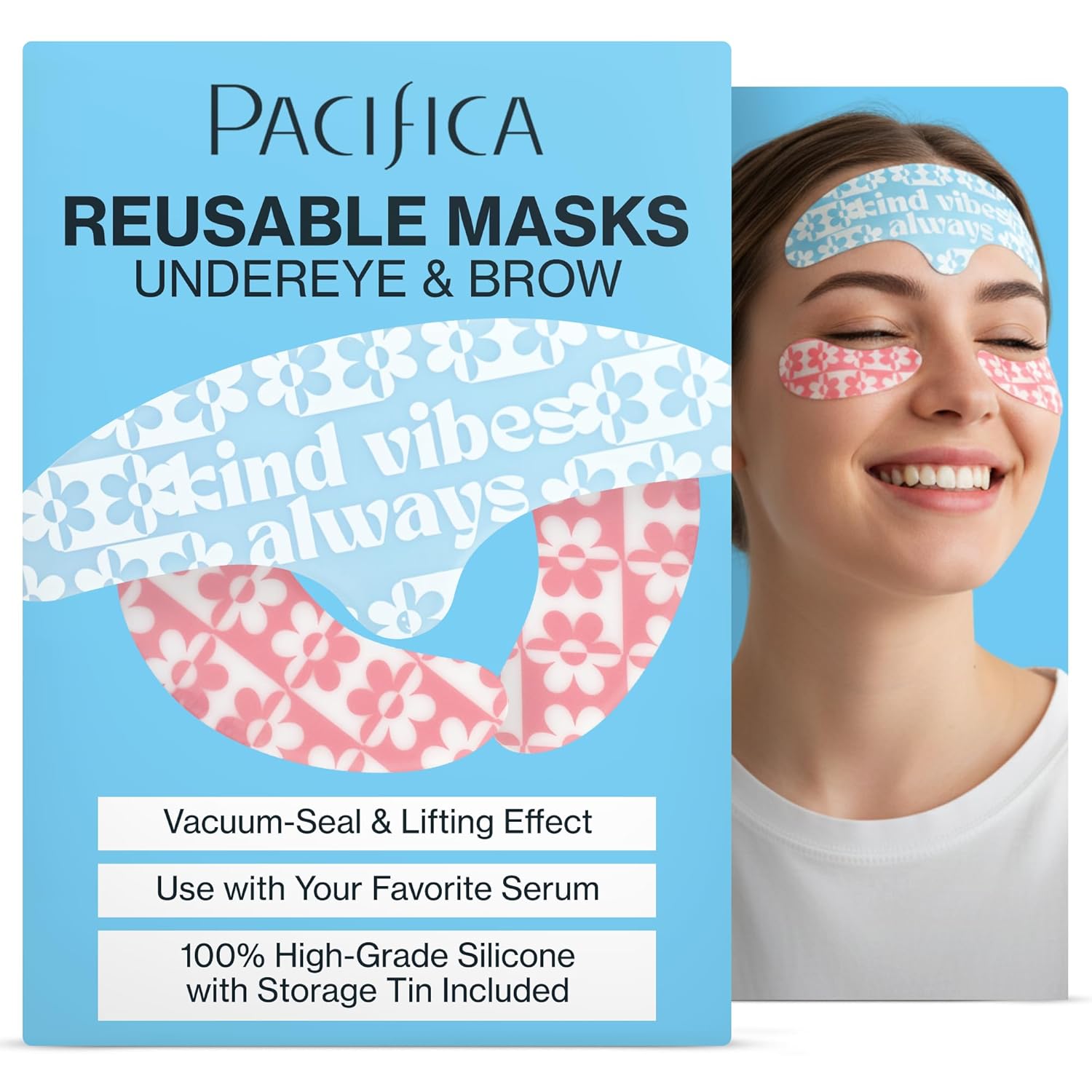 Pacifica Reusable Mask Set ¨C Silicone Undereye Brow Mask Set for Forehead Under Eye, Anti-Wrinkle, Firming, Pair with Serum, Vegan Cruelty-Free, 3 Pieces