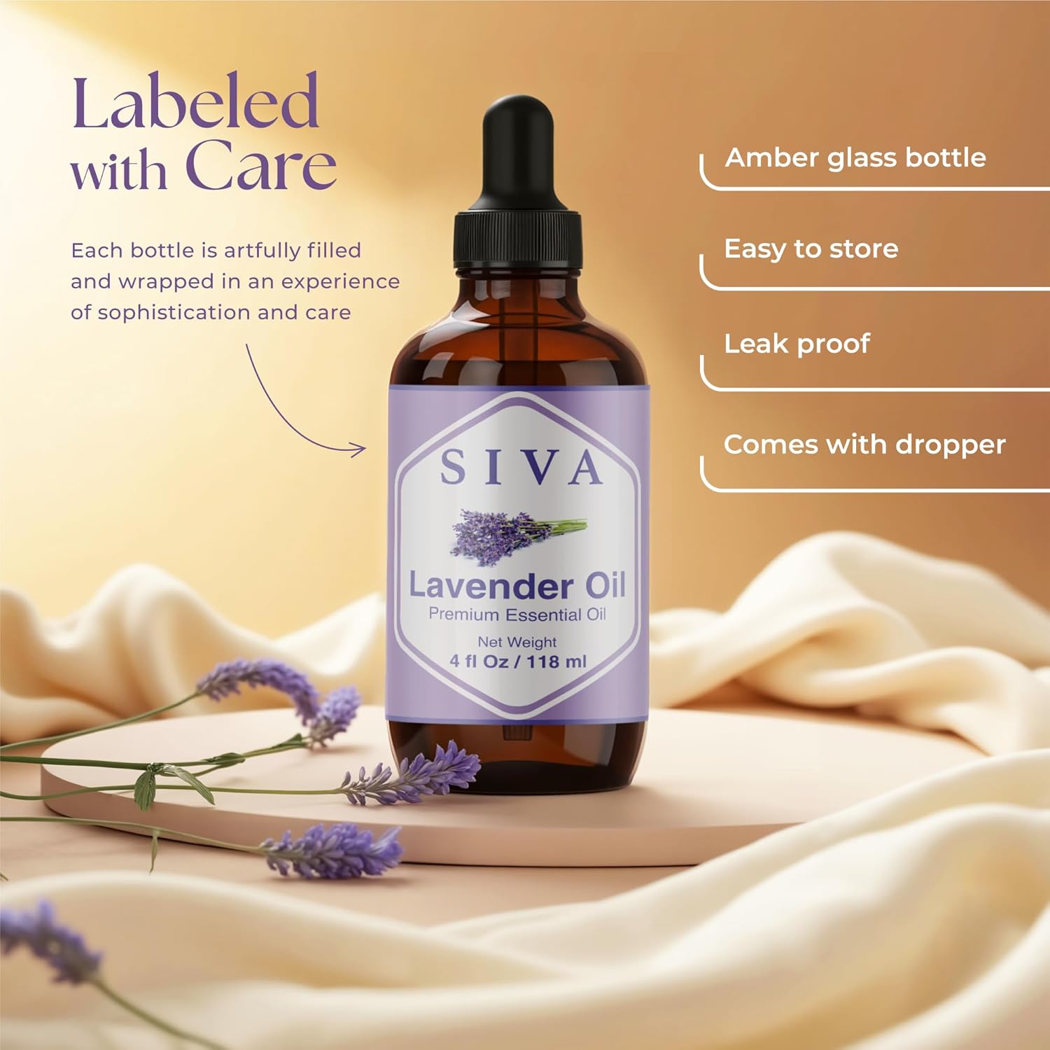 Siva Lavender Essential Oil - 4 Fl Oz ¨C 100% Natural Lavender Oil - for Diffuser, Face, Skin Care, Aromatherapy, Hair Care, Scalp and Body Massage - with Dropper