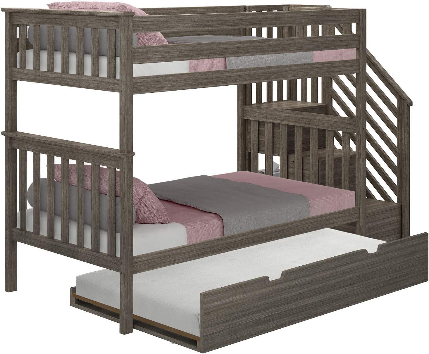 Max & Lily Bunk Bed, Twin-Over-Twin Bed Frame For Kids With Stairs and Trundle, Clay