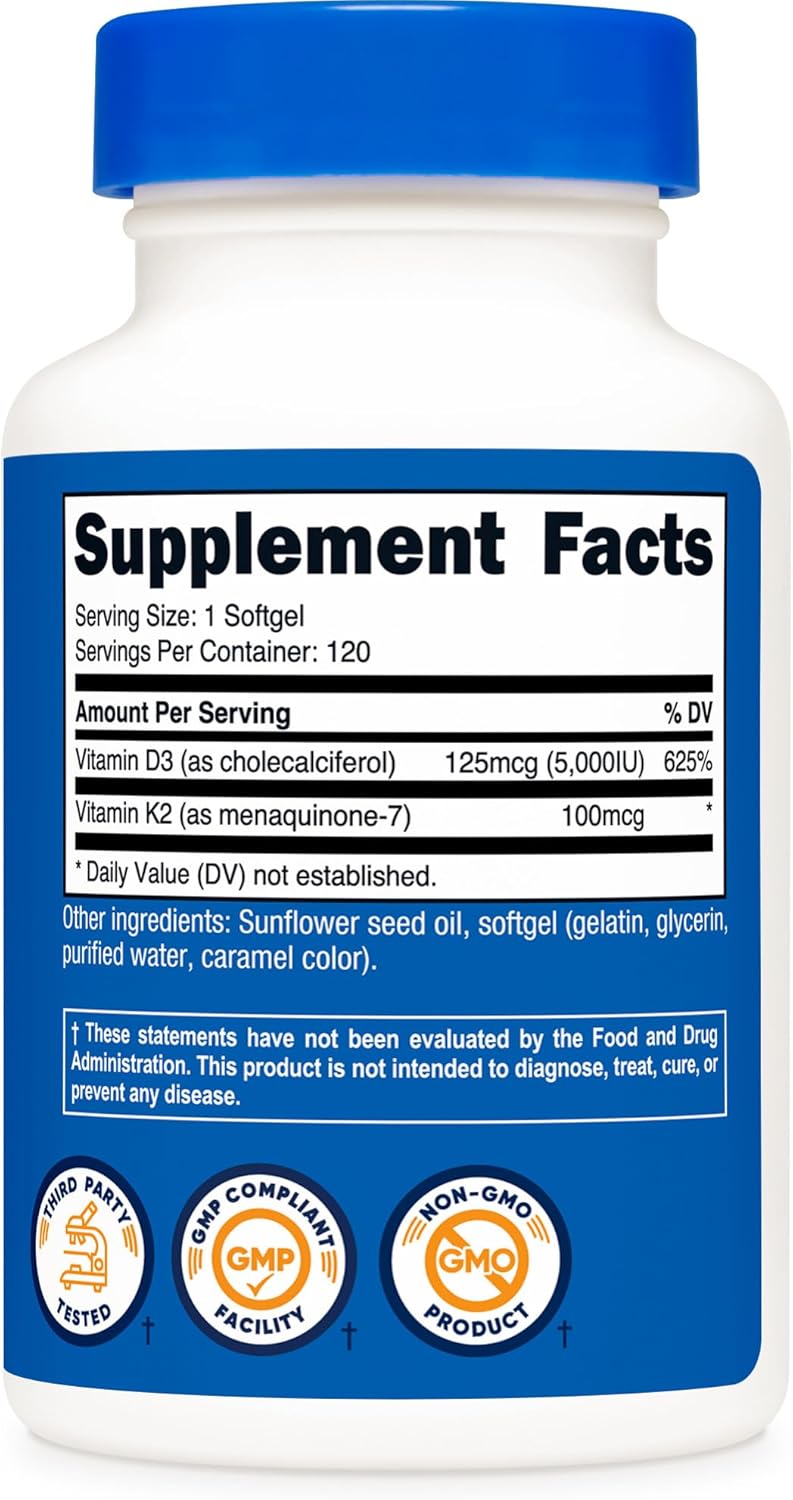Nutricos Vitami K (MK7 (100mcg Vitami D (500 IU 12 Softgel Glute Fre an Non-GMO