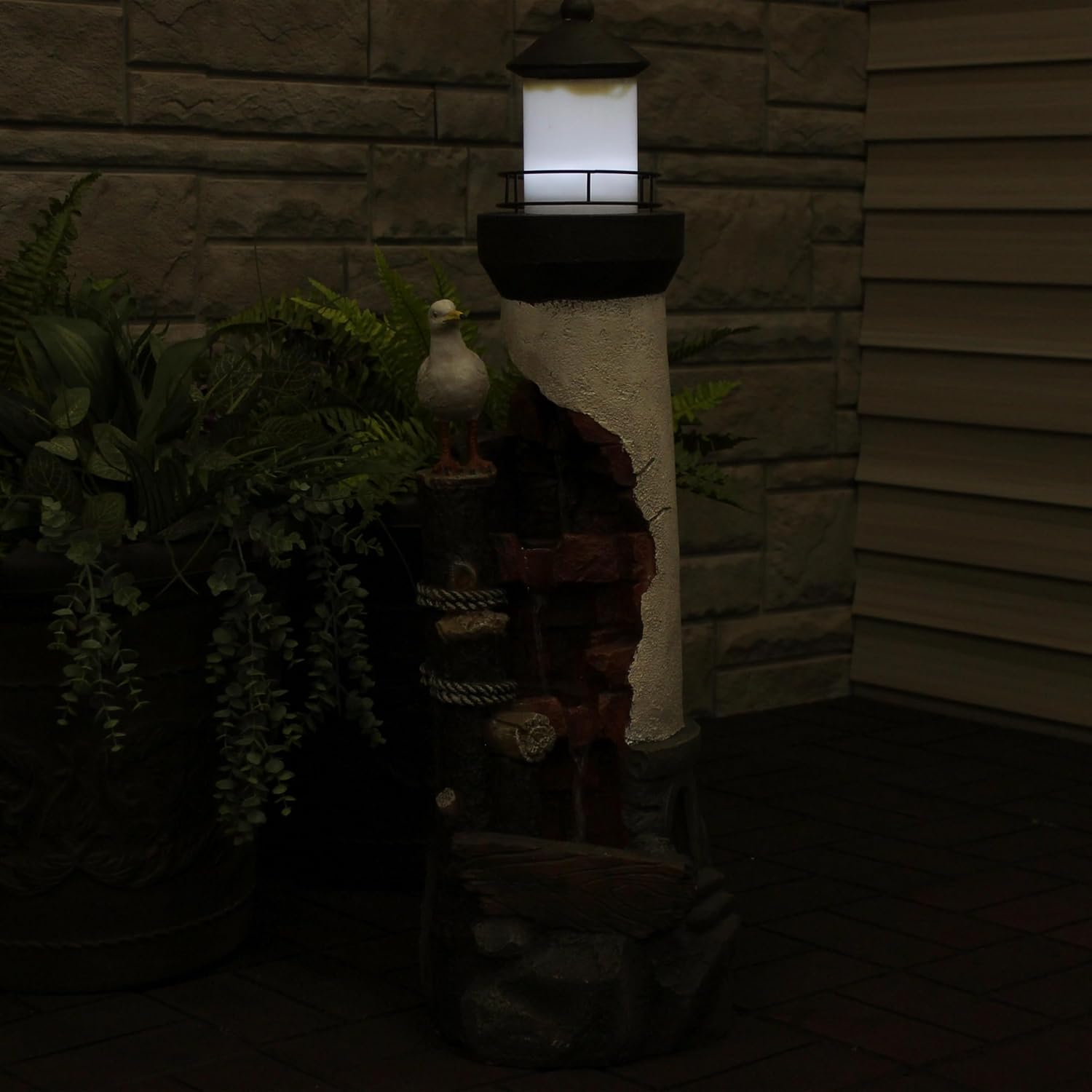 Sunnydaz 36-Inc Gull' Cov Outdoo Lighthous Wate Fountai wit LE Ligh Polyresi Decorativ Wate Feature