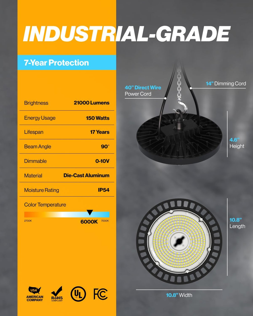 Sunc 1 Pac UF LE Hig Ba Light 150W 2100 Lumen 6000 100-277 Dimmabl 0-10V Ultr Brigh Commercia Sho Light fo Warehouse Factory Workshop Garag Barn Ceilin Mount UL