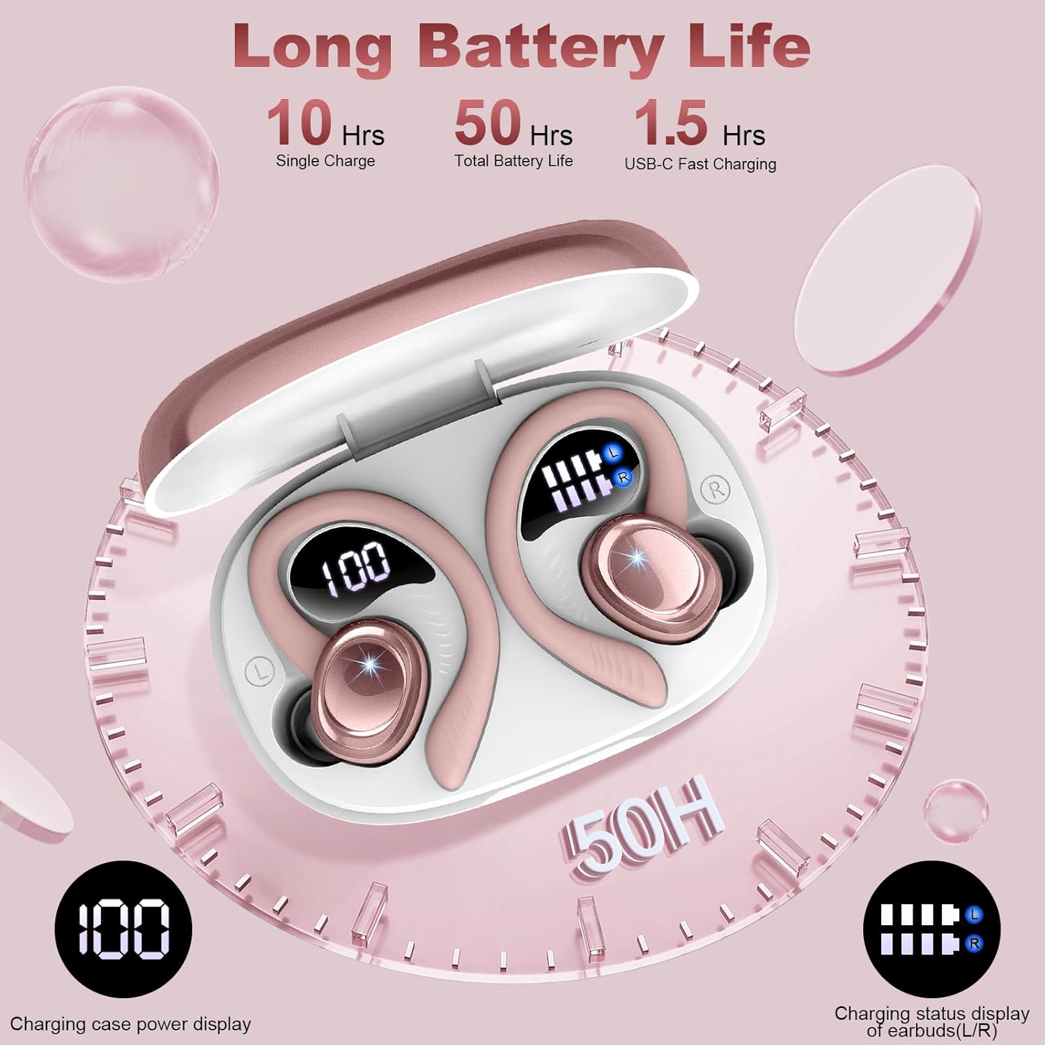 Wireless Earbuds Bluetooth 5.4 Headphones Sport, 2025 Bluetooth Earbuds with Earhooks, 50H Stereo Over Ear Buds, Earphone with 4 ENC Noise Canceling Mic, IP7 Waterproof Headset for Running/Gym/Workout
