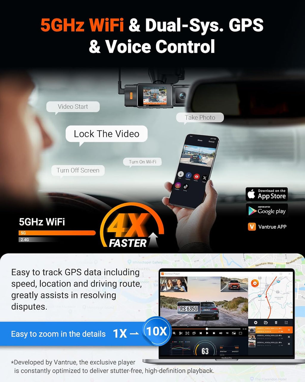 Vantru N4 Channe Fron Insid Rea Das Cam 2.7K+1440P+1440 WiF Das Camer w/PlatePix? STARVI  HD I Nigh Vision Voic Control GPS 24/ Parkin Mode Suppor 1T Max