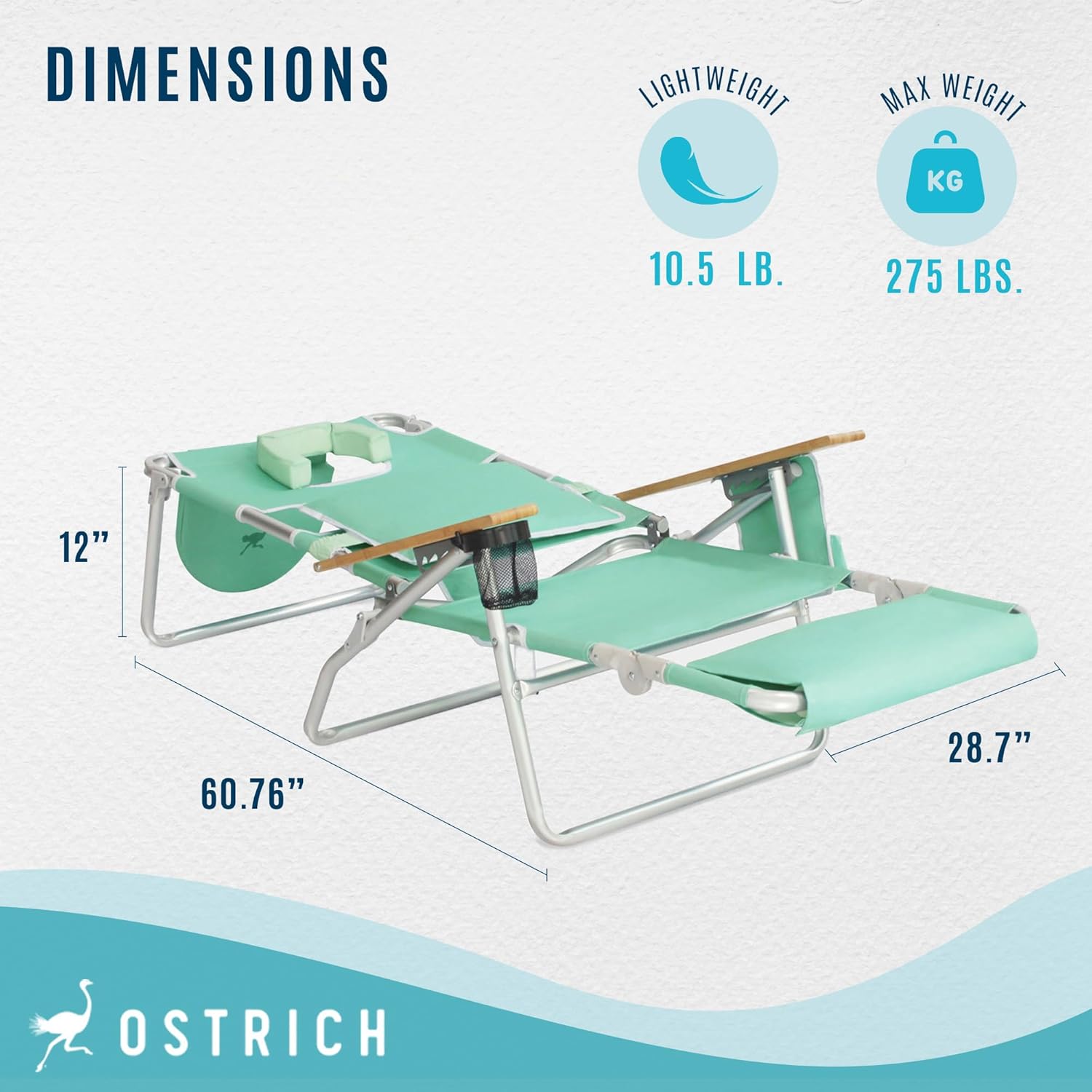 Ostrich Deluxe 3N1 Padded Beach Chair w/ Face Cushion Arm Holes, Teal - Lightweight Folding Recliner w/ Adjustable Backrest Footrest, Cup Holder, Side Utility Bag, 275 lb Weight Capacity