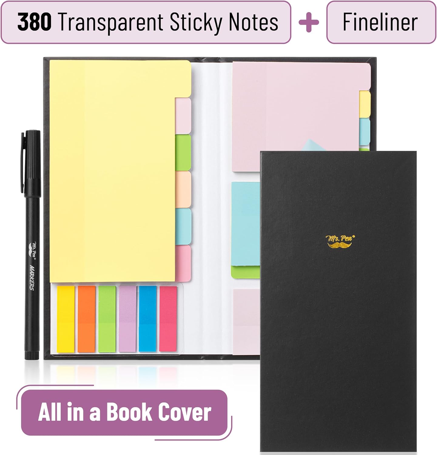 Sticky Note Set, 380 Pack, Pastel Colors, Transparent Sticky Notes Tabs, Divider, Christmas Gift