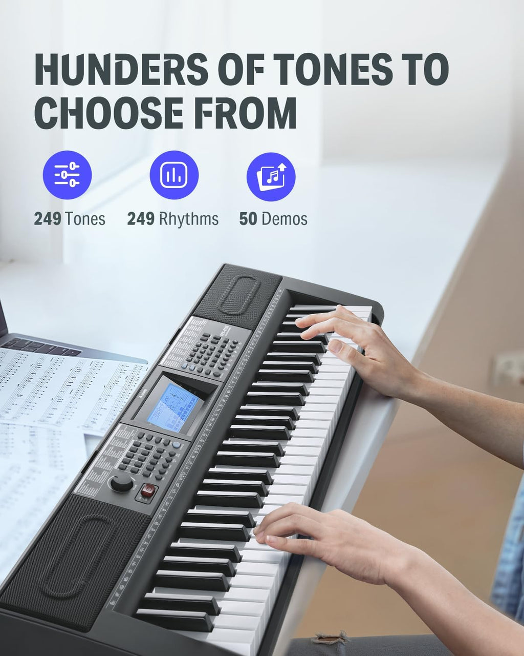 61 Key Keyboard Piano, Electric Piano Keyboard Kit with 249 Voices, 249 Rhythms - Includes Piano Stand, Stool, Microphone, Gift for Beginners, Black (DEK-610S)