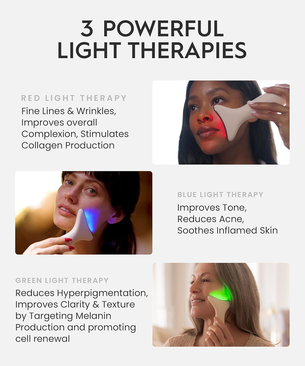 REV Geni 3-in- Fac Nec Beaut Massage wit Heat Ligh Therapies Smar Vibratio Re Light Blu Light Gree Ligh Therap fo Wrinkles Hyperpigmentation Acn Mor Beige