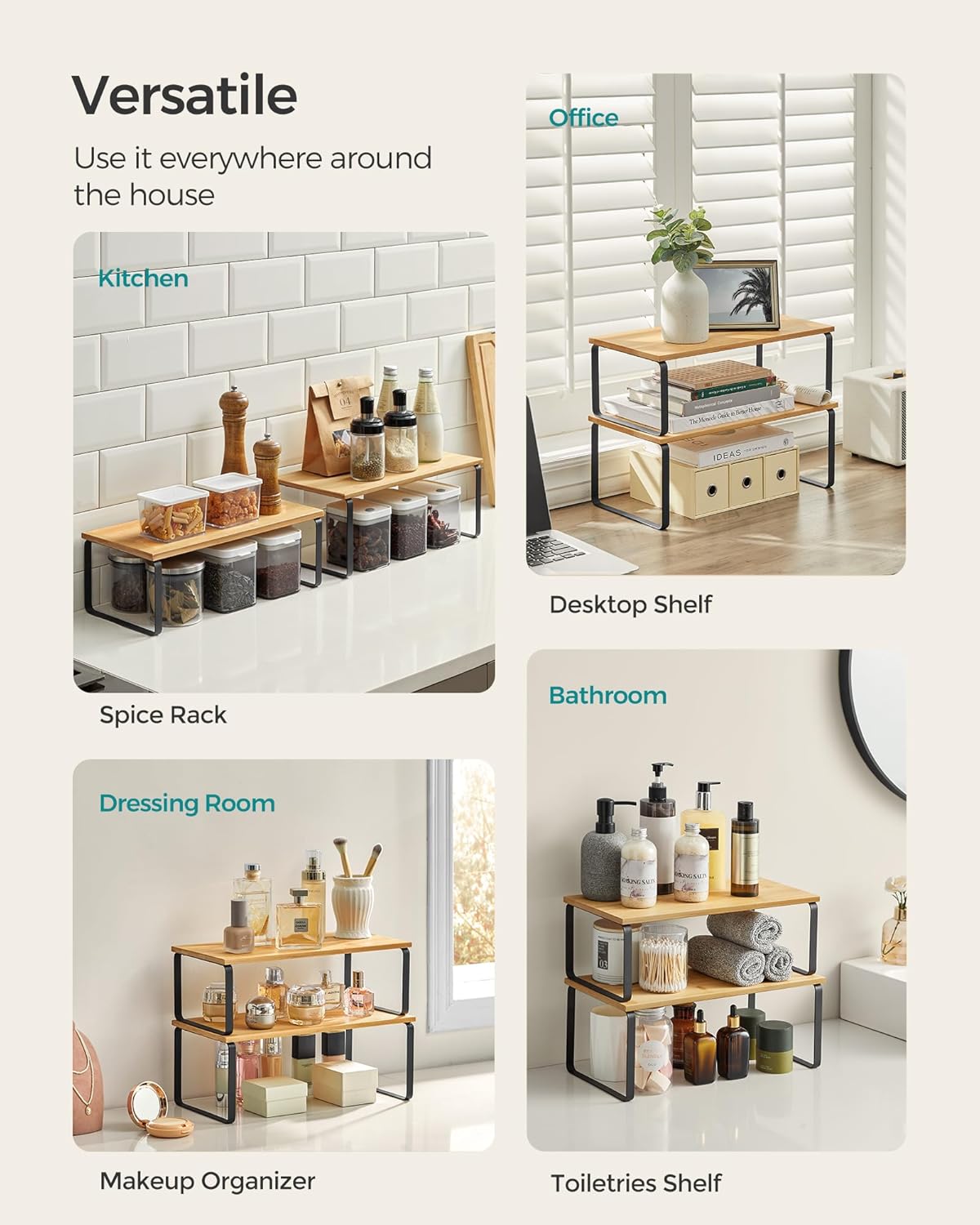 Cabinet Organizer Shelf, Set of 4 Kitchen Counter Shelves, Kitchen Storage, Spice Rack, Stackable, Expandable, Metal and Engineered Wood, Ink Black and Natural Beige UKCS210B01