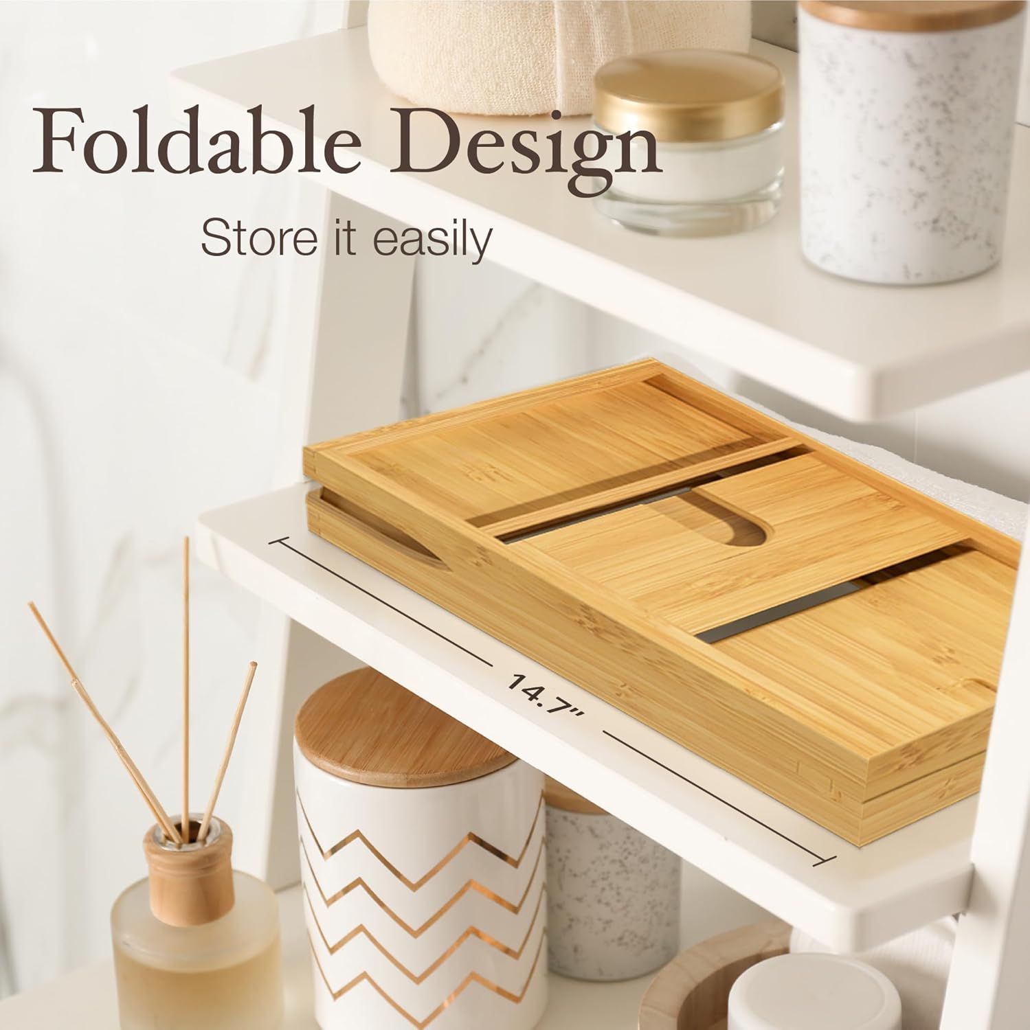 Wooden Bathtub Tray - Foldable Expandable Bamboo Bath Tray for Tub with Wine Holder, Book Tablet Stand - Bath Caddy for Bathtub, Spa Bath Accessories for Women, Tub Tray Table, Gift for Her or Him