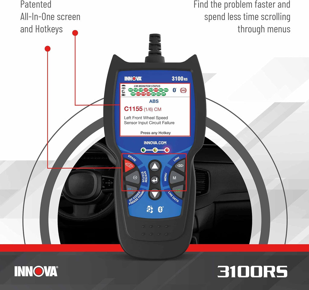 INNOV 3100RS OBD Scanner AB SR Airba Sca Too wit Airba Ligh Oi Ligh Reset Strea Grap Recor Liv Data Ge Suggeste Repai Part o iPhon o Android