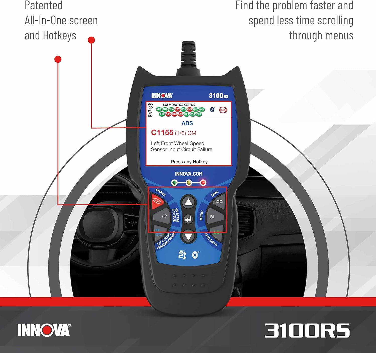 INNOV 3100RS OBD Scanner AB SR Airba Sca Too wit Airba Ligh Oi Ligh Reset Strea Grap Recor Liv Data Ge Suggeste Repai Part o iPhon o Android