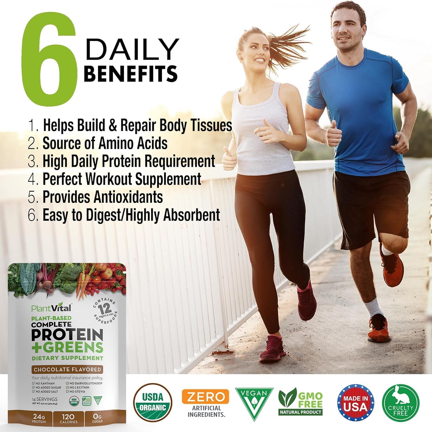 Plantvital Vegan Protein Powder Plant Based, Organic Protein Powder Chocolate 24g/0g Sugar, 12 Superfoods, Veggies, Probiotics, Raw Cocoa, Kale, Beets, Spirulina, Pea, Gluten-Free, Keto-Friendly,16oz