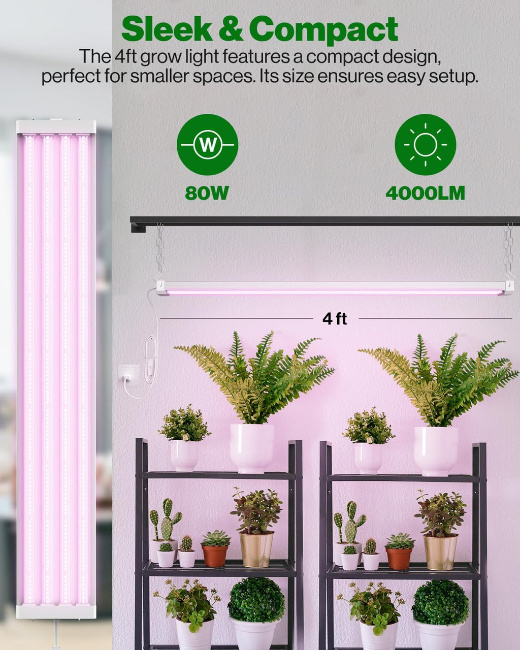 Sunc Gro Light fo Indoo Plant LED 4F Gro Ligh fo Greenhouse 80W Ful Spectrum Integrate Suspende Fixture Linkable Plu in fo Seedlings Vegetables Flower Pack.