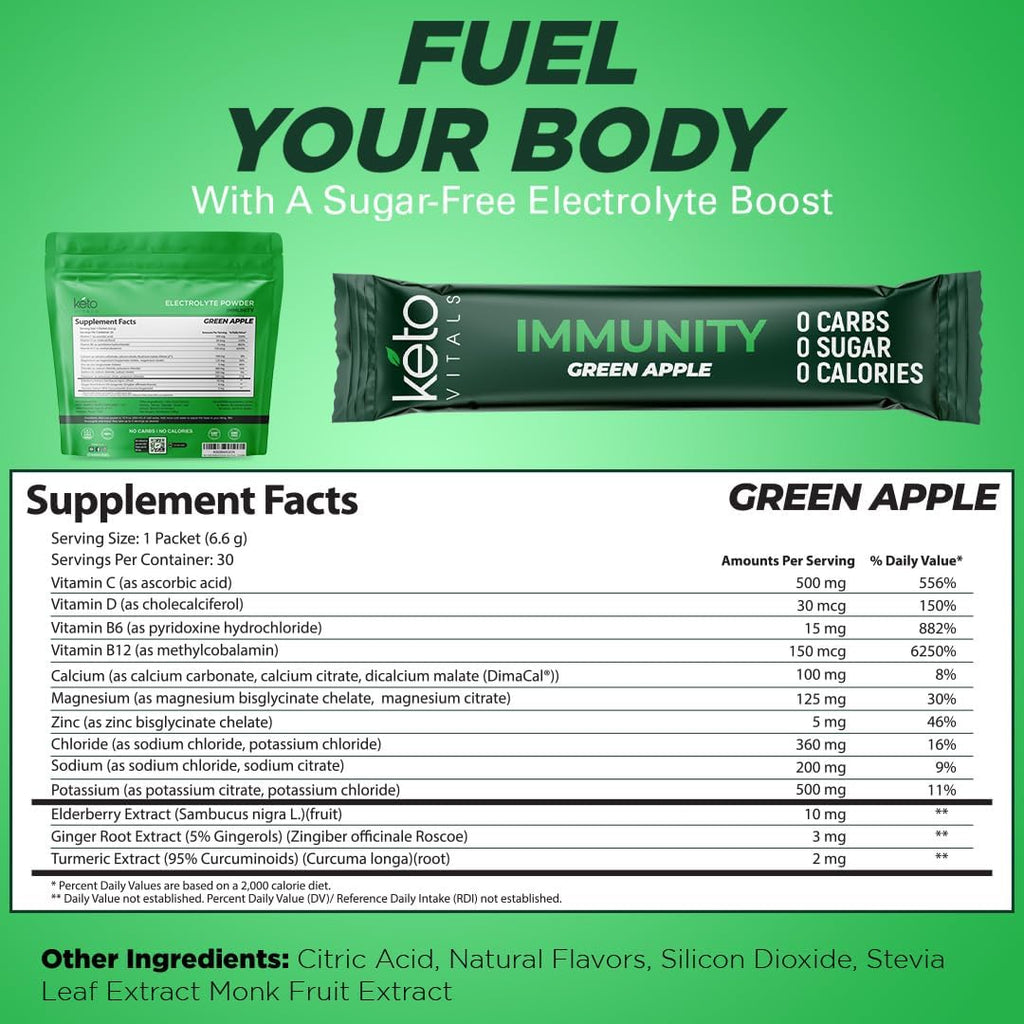 Keto Vitals Immunity Sugar Free Electrolytes Powder with Vitamin C, Ginger, Turmeric, Elderberry - Boost Your Immune System and Rehydrate Your Body - Green Apple Flavor, 30 Count