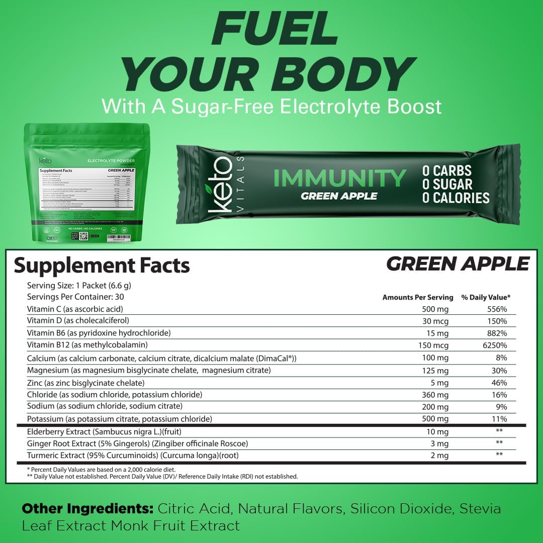 Keto Vitals Immunity Sugar Free Electrolytes Powder with Vitamin C, Ginger, Turmeric, Elderberry - Boost Your Immune System and Rehydrate Your Body - Green Apple Flavor, 30 Count