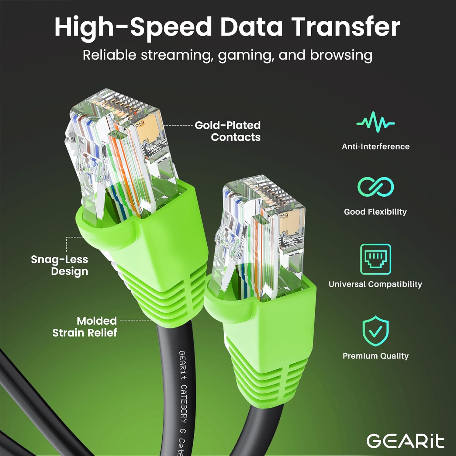 GEARit RJ45 Cat-6 Ethernet Patch Cable, 10Gpbs Transfer Speed, Gold-Plated Connectors, Copper Clad, Outdoor, UV Resistant, Direct Burial, Waterproof, Durable, 30 Foot (9.1 Meters), Black