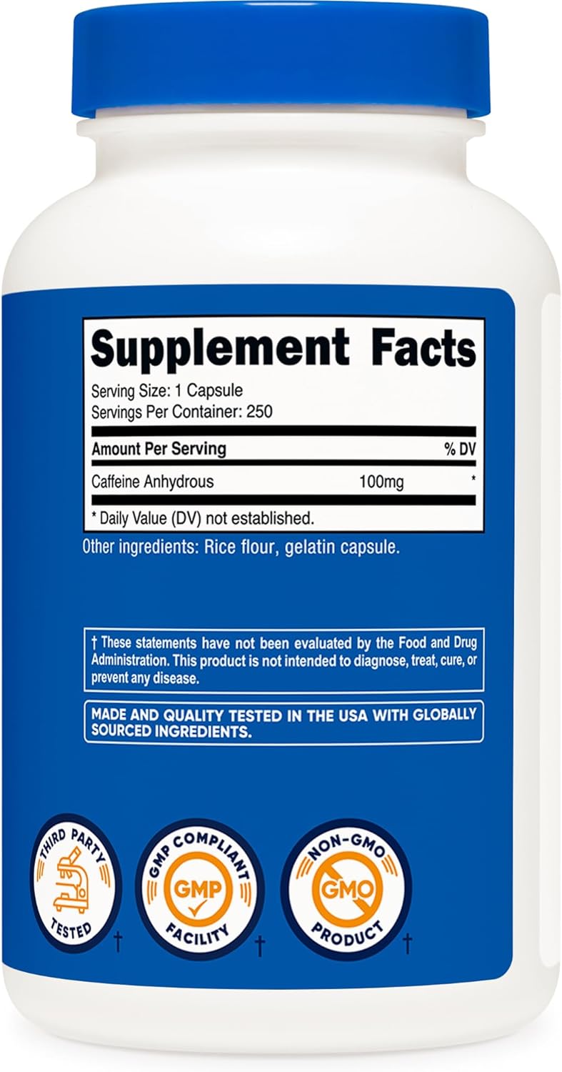 Nutricost Caffeine Pills 100mg Per Serving, 250 Capsules