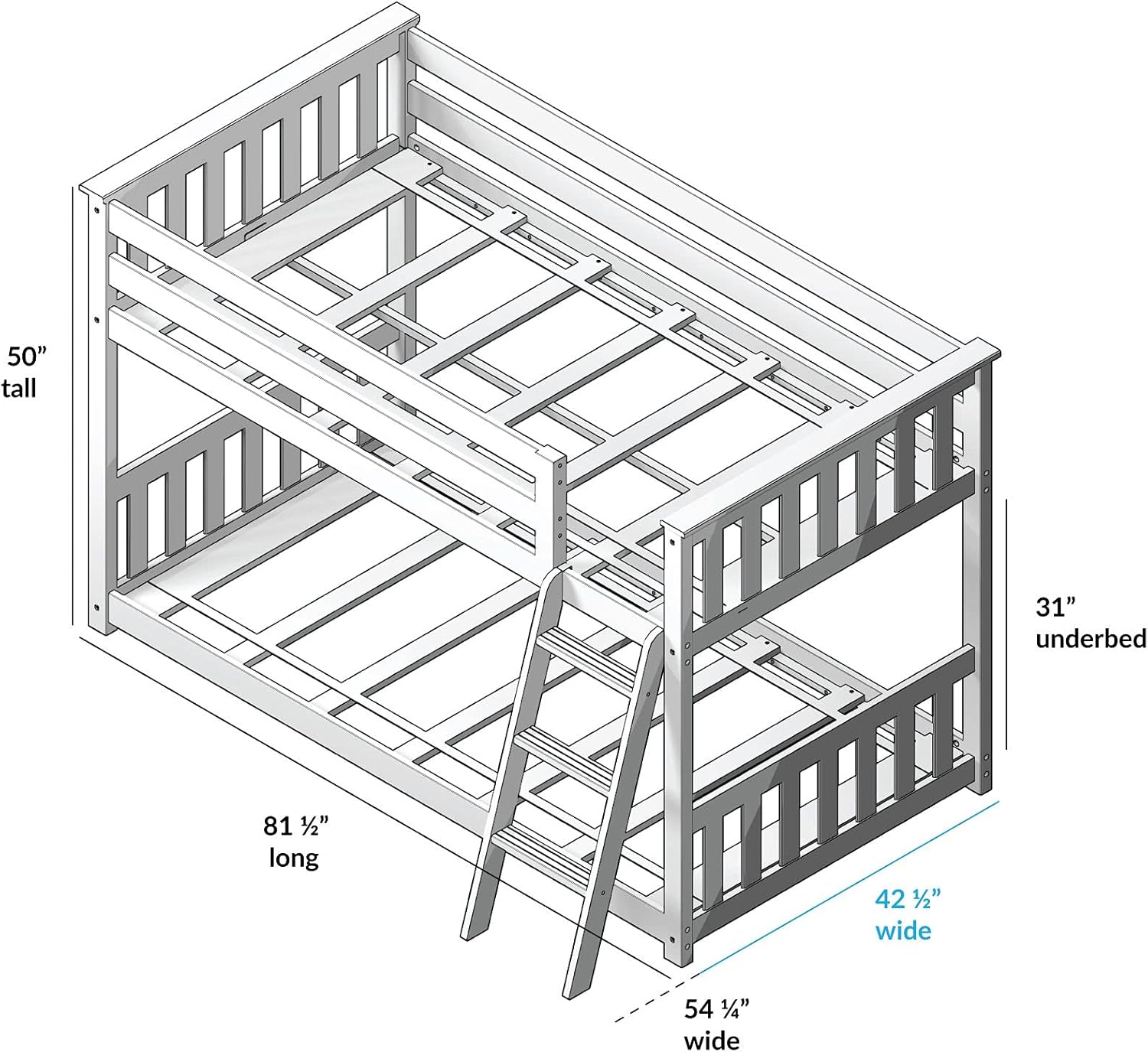 Max & Lily Low Bunk Bed, Twin-Over-Twin Bed Frame For Kids With 2 Guard Rails, White
