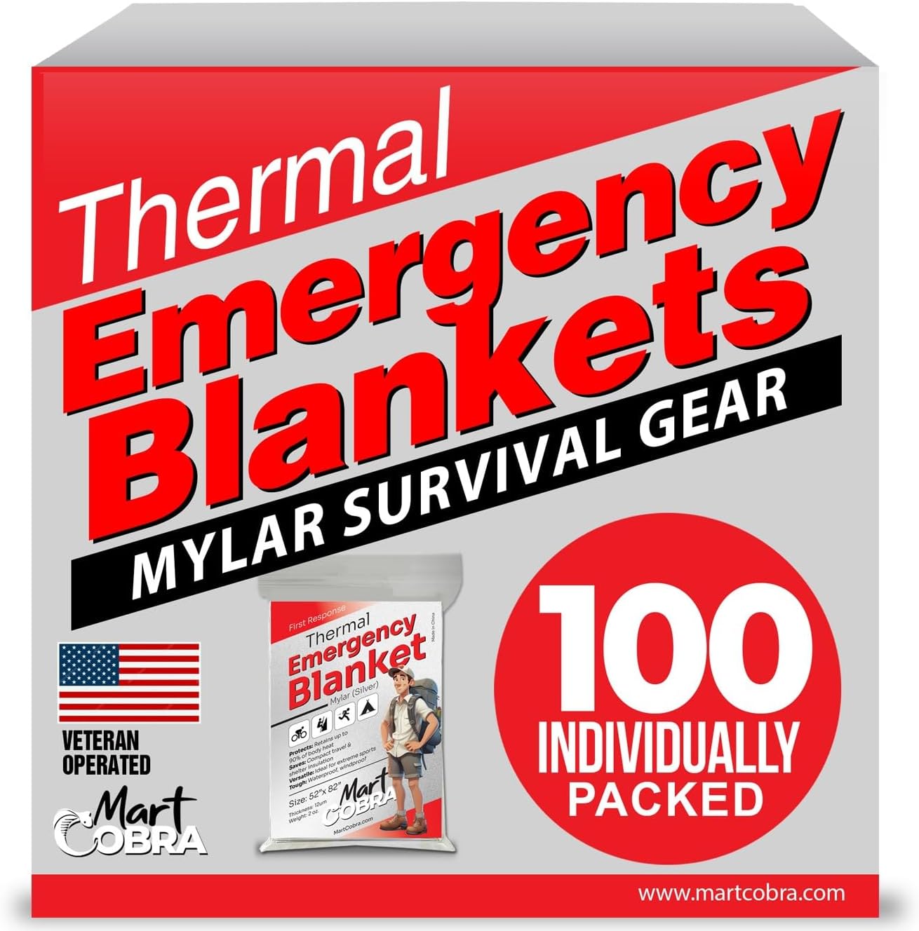 Mart Emergency Blanket 100-Pack | Reflective Thermal Blanket | Survival Gear | Lightweight Mylar Blankets | Retains 90% Body Heat | Essential for Camping, First Aid, Homeless Care Package Bulk