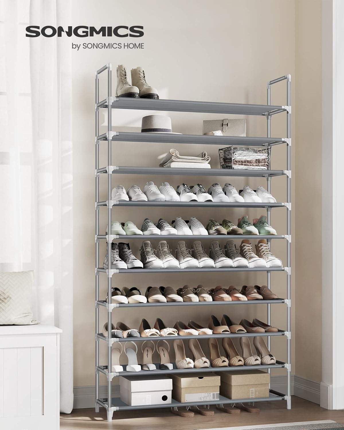 10-Tier Shoe Rack, Shoe Storage for Hallway Closet, Slim and Space-Saving, Metal Frame, Non-Woven Fabric Shelves, Grey ULSR10G