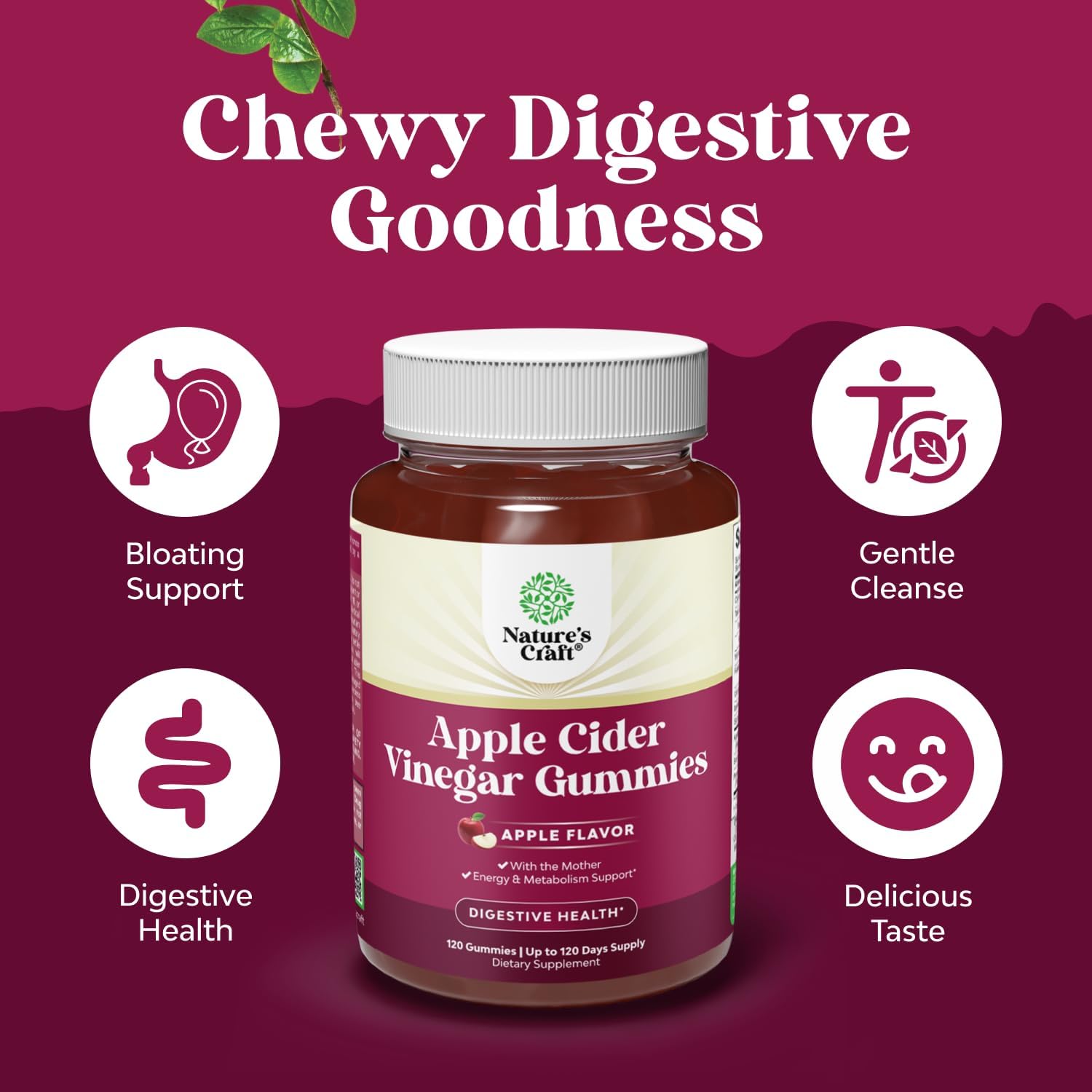 ACV Apple Cider Vinegar Gummies - Natural Energy Supplement ACV with Mother for Body Cleanse Immune Support and Gut Health with Vitamin B12 and Beet Root - 120 Count