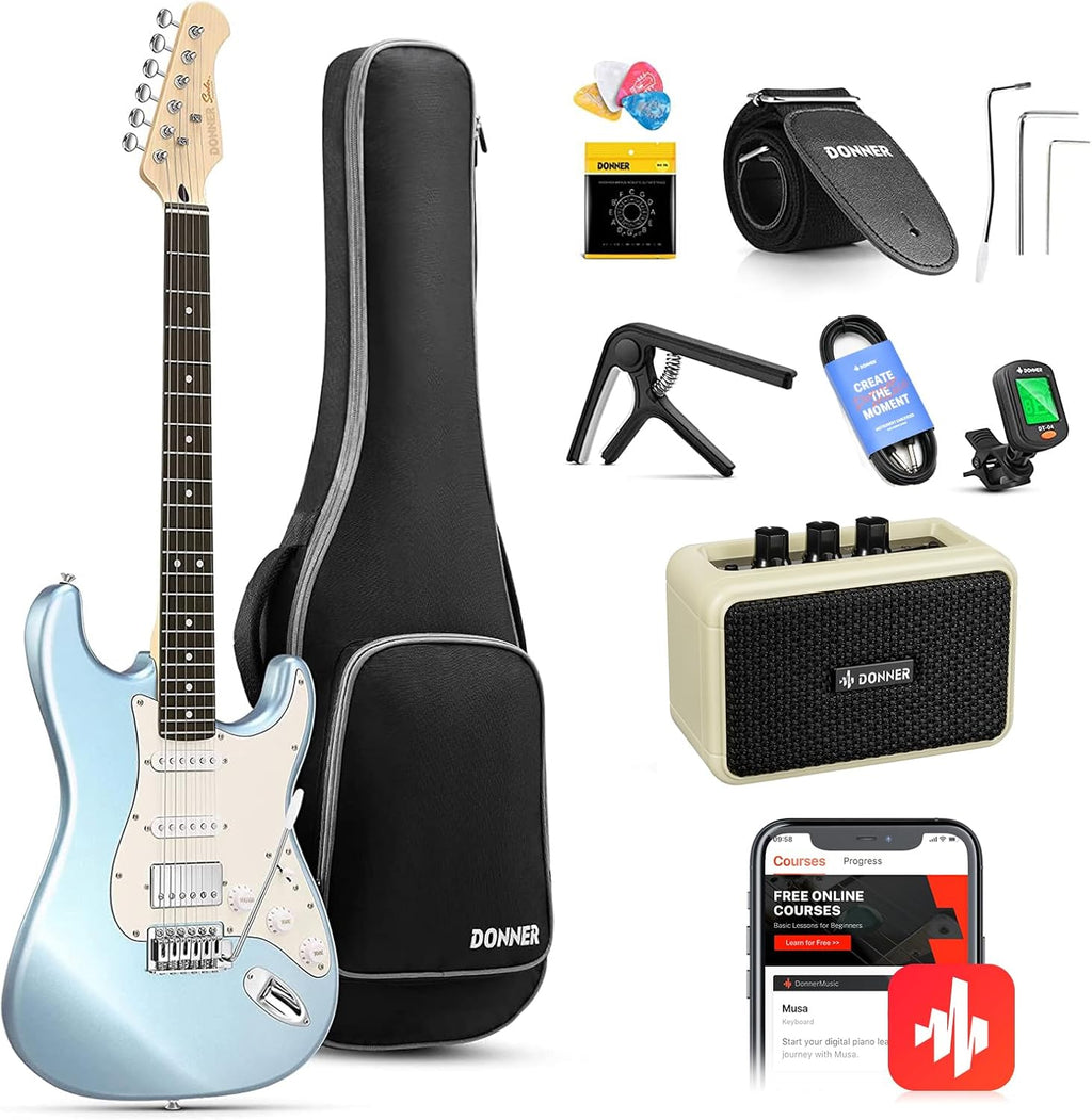 Donner DST-152R Electric Guitar, 39inch Beginner Electric Guitar Kit, HSS Pickup with Coil Split, Guitar Starter Set with Amp, Bag, All Accessories, Metallic Ice Blue