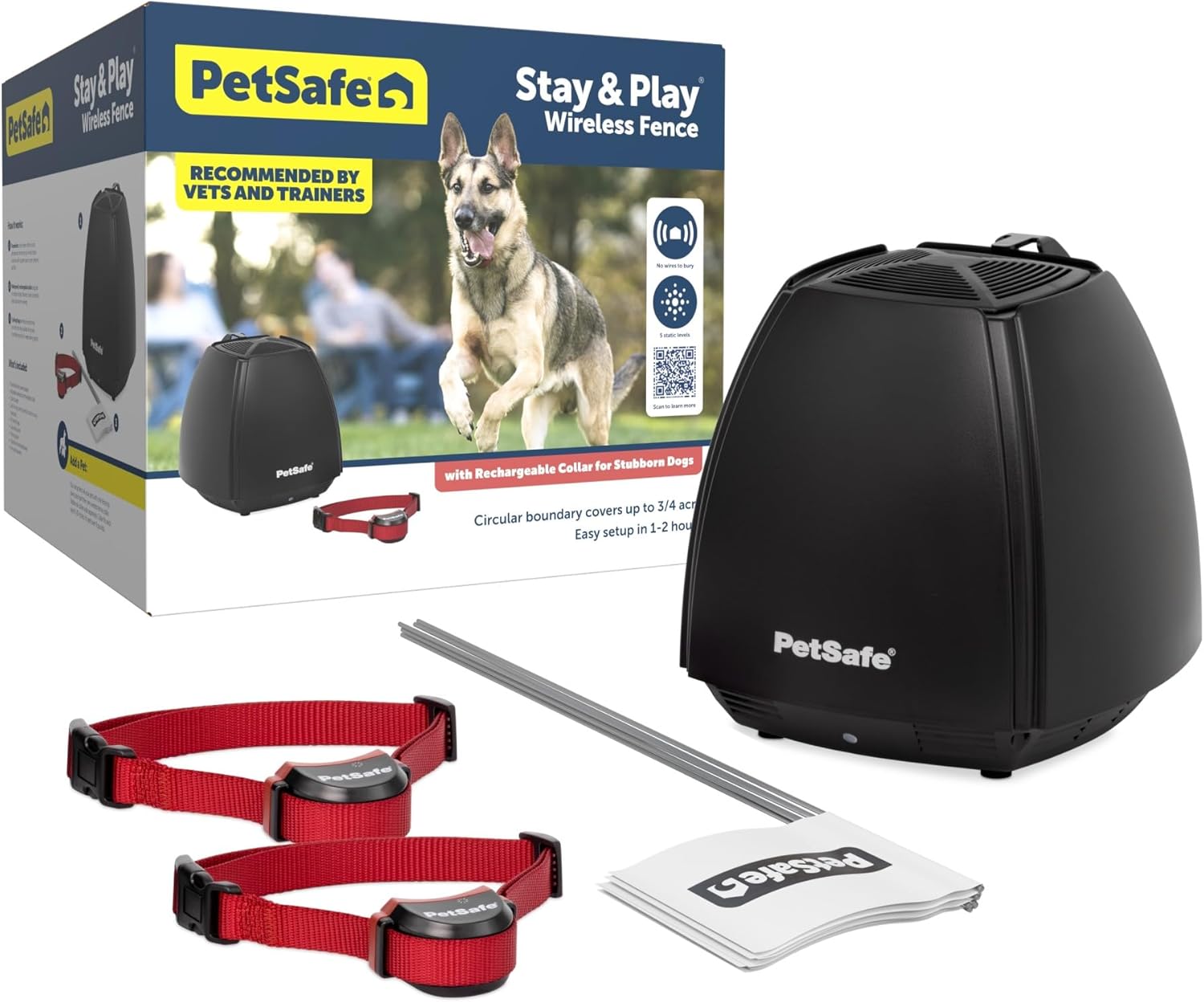 PetSafe Stay Play 2-Dog Wireless Fence for Stubborn Dogs - America's Safest Wireless Pet Containment System - No Dig Electric Fence - Circular Boundary - Secure 3/4-Acre Yard - for Dogs 5lb+