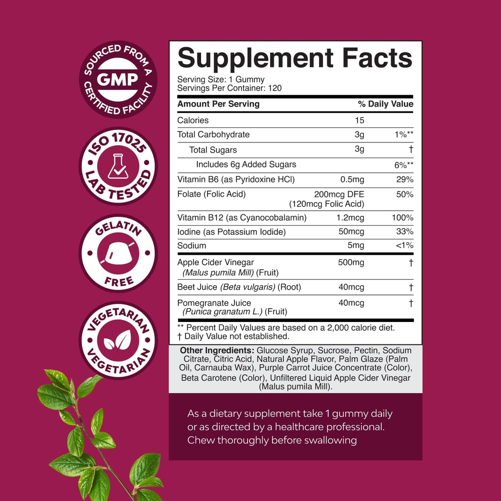 ACV Apple Cider Vinegar Gummies - Natural Energy Supplement ACV with Mother for Body Cleanse Immune Support and Gut Health with Vitamin B12 and Beet Root - 120 Count