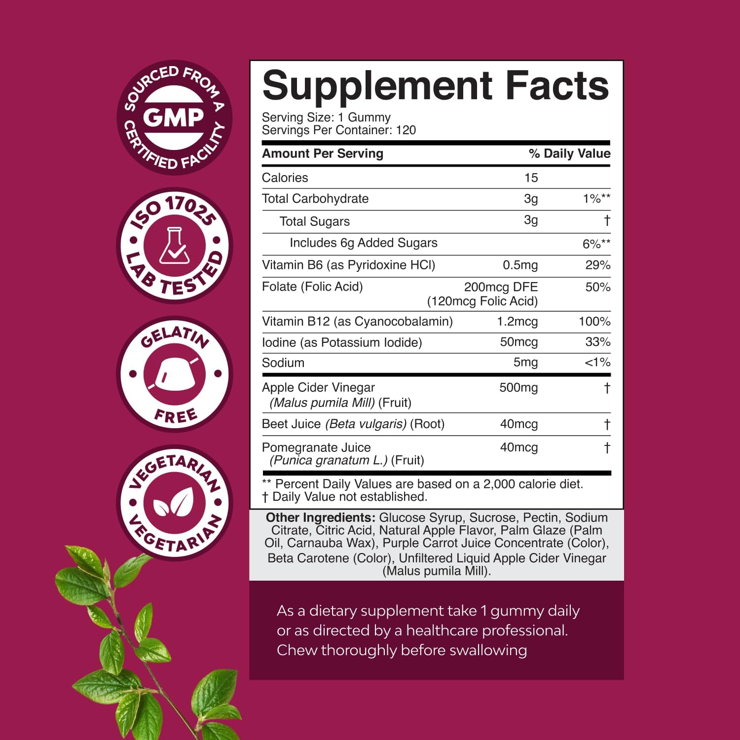 ACV Apple Cider Vinegar Gummies - Natural Energy Supplement ACV with Mother for Body Cleanse Immune Support and Gut Health with Vitamin B12 and Beet Root - 120 Count